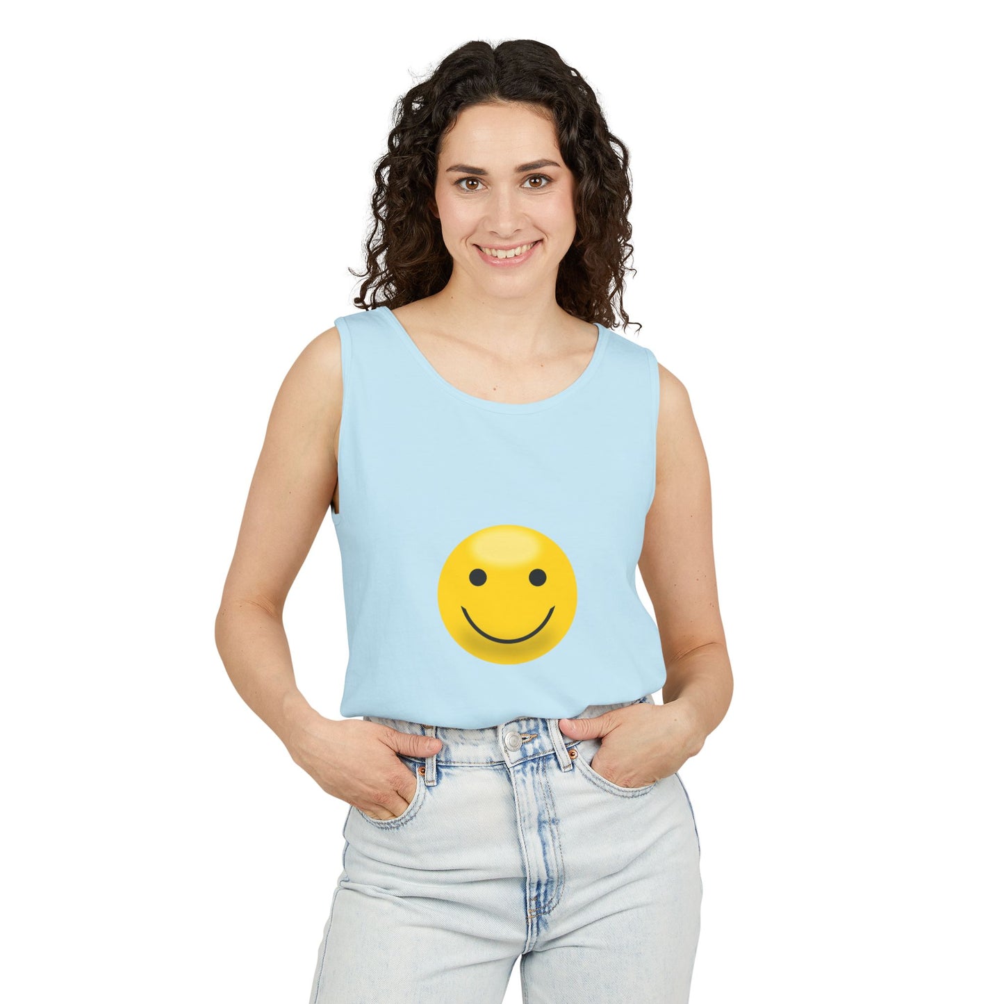 Smiley Face Tank Top, Summer Shirt, Casual Wear, Beach Outing, Gift for Friends, Positive Vibes Apparel