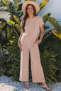 Smoke Gray Solid Corded Knit Short Sleeve T Shirt and Wide Leg Pants Set