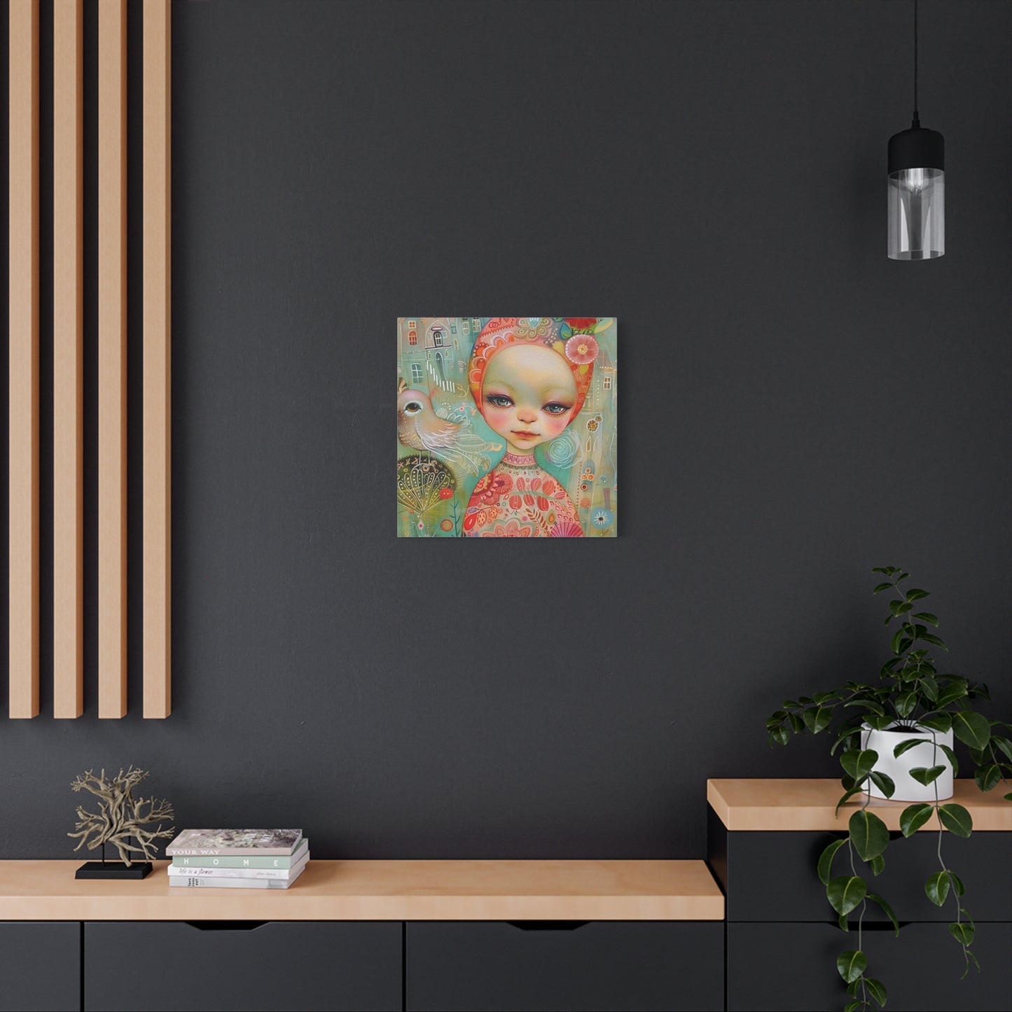 Whimsical Girl & Bird Matte Canvas Wall Art — Stretched Decorative Painting