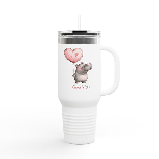 Cute Hippo Good Vibes Insulated Travel Mug | 40oz | Fun Drinkware | Perfect for Travel, Gifts, Picnic, or Daily Use