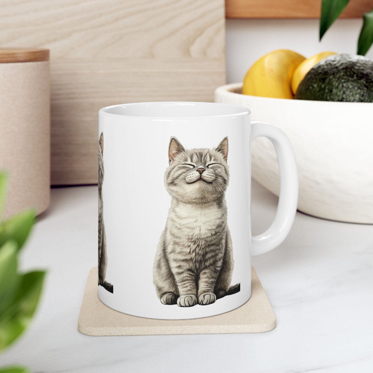 Smiling Grey Tabby Cat Ceramic Mug — Cute Cat Lover Coffee Cup (11oz & 15oz)