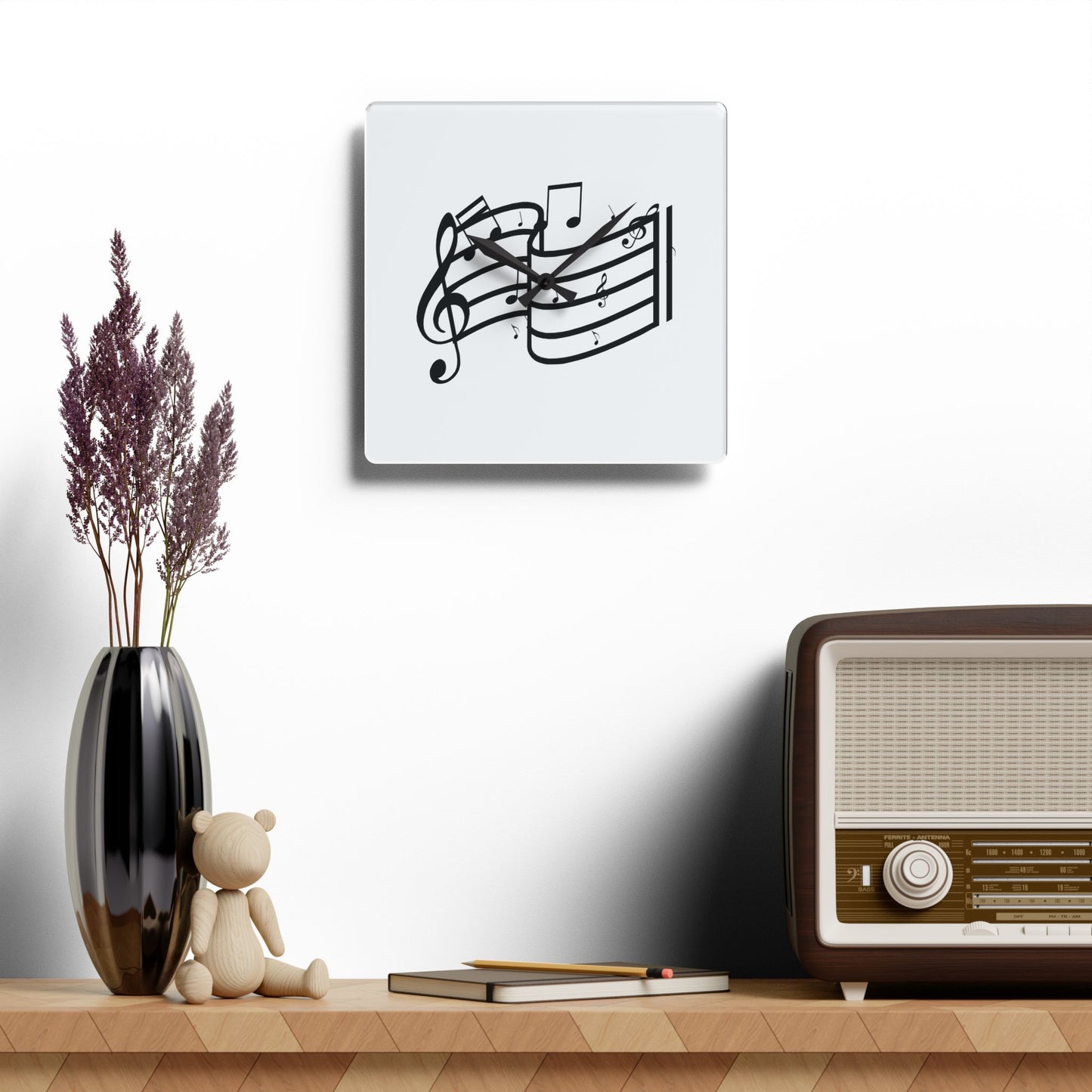 Musical Notes Acrylic Wall Clock — Black Treble Clef Design