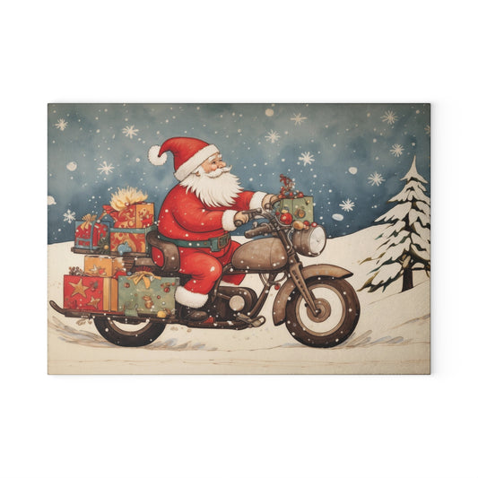 Festive Santa Motorcycle Glass Cutting Board, Holiday Kitchen Decor, Christmas Gift, Unique Cookware, Santa Gift Idea