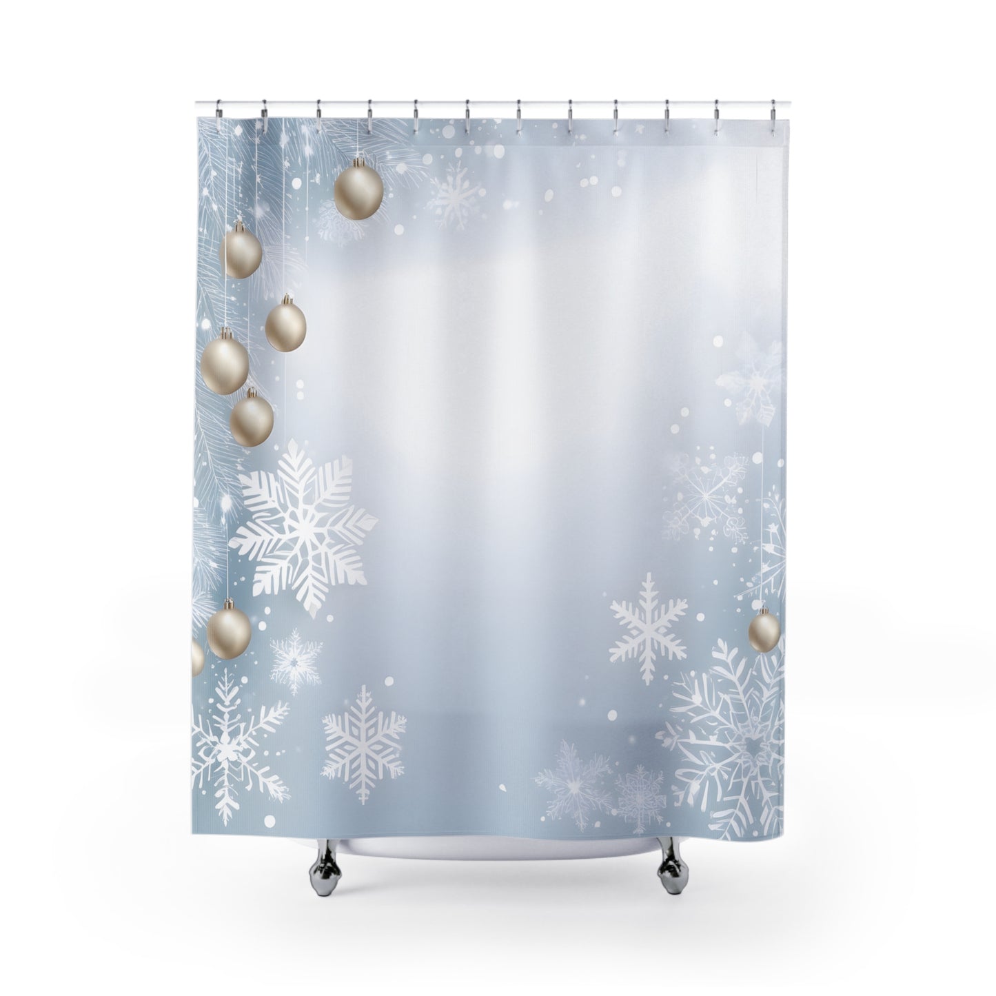 Winter Snowflake Shower Curtain with Silver Ornaments — Holiday Bathroom Decor