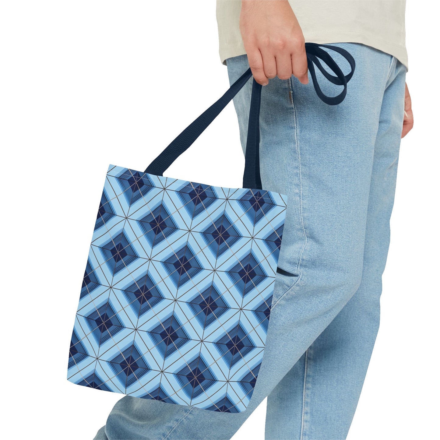 Blue Geometric Tote Bag — Repeating Diamond Pattern AOP
