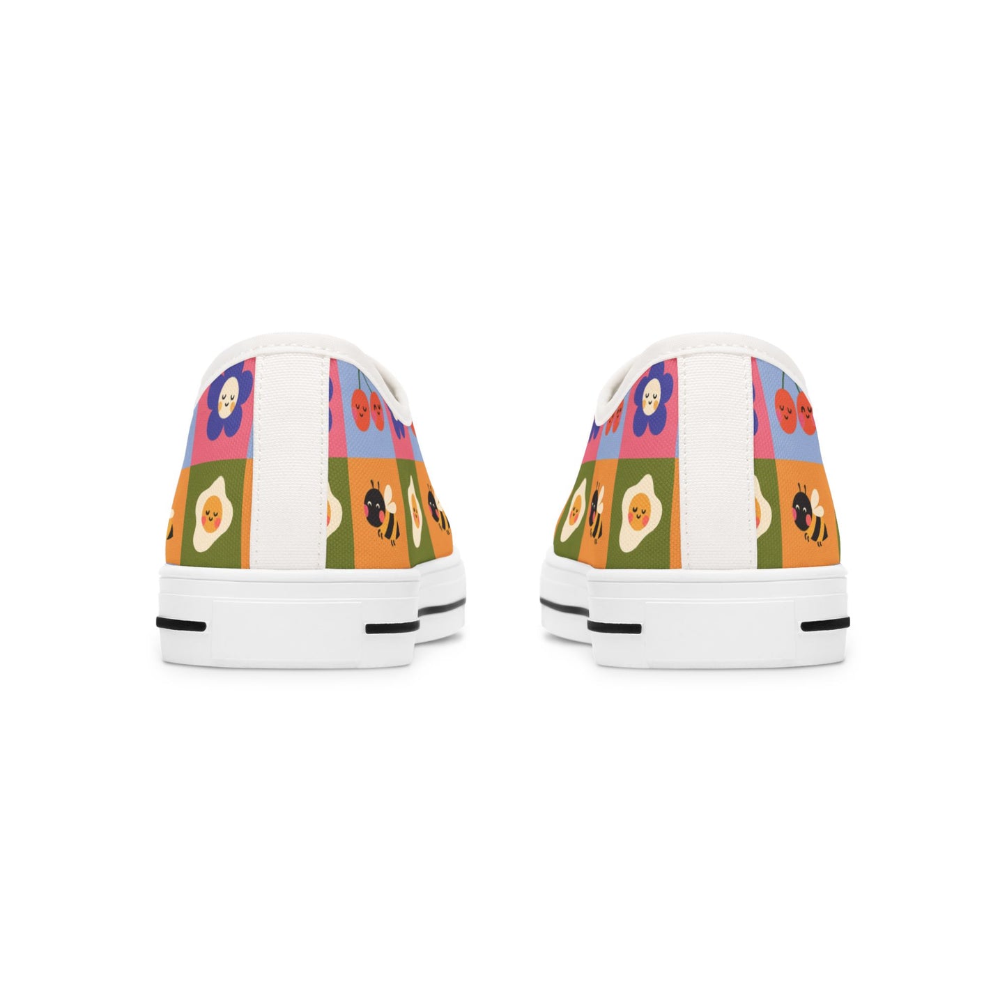 Women's Low Top Sneakers — Retro Floral & Bee Checkerboard Printed Casual Shoes
