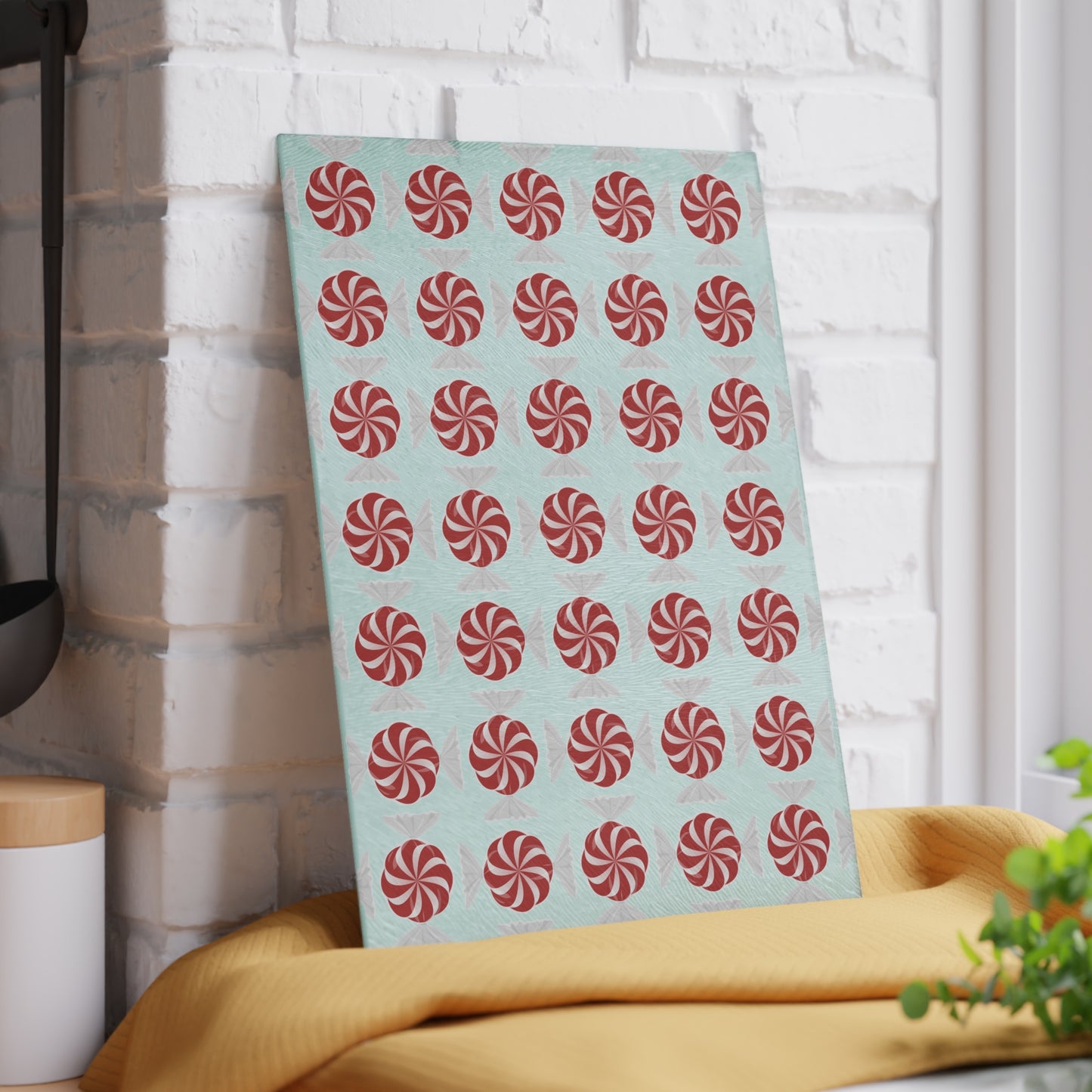 Peppermint Pattern Glass Cutting Board — Festive Candy Kitchen Board