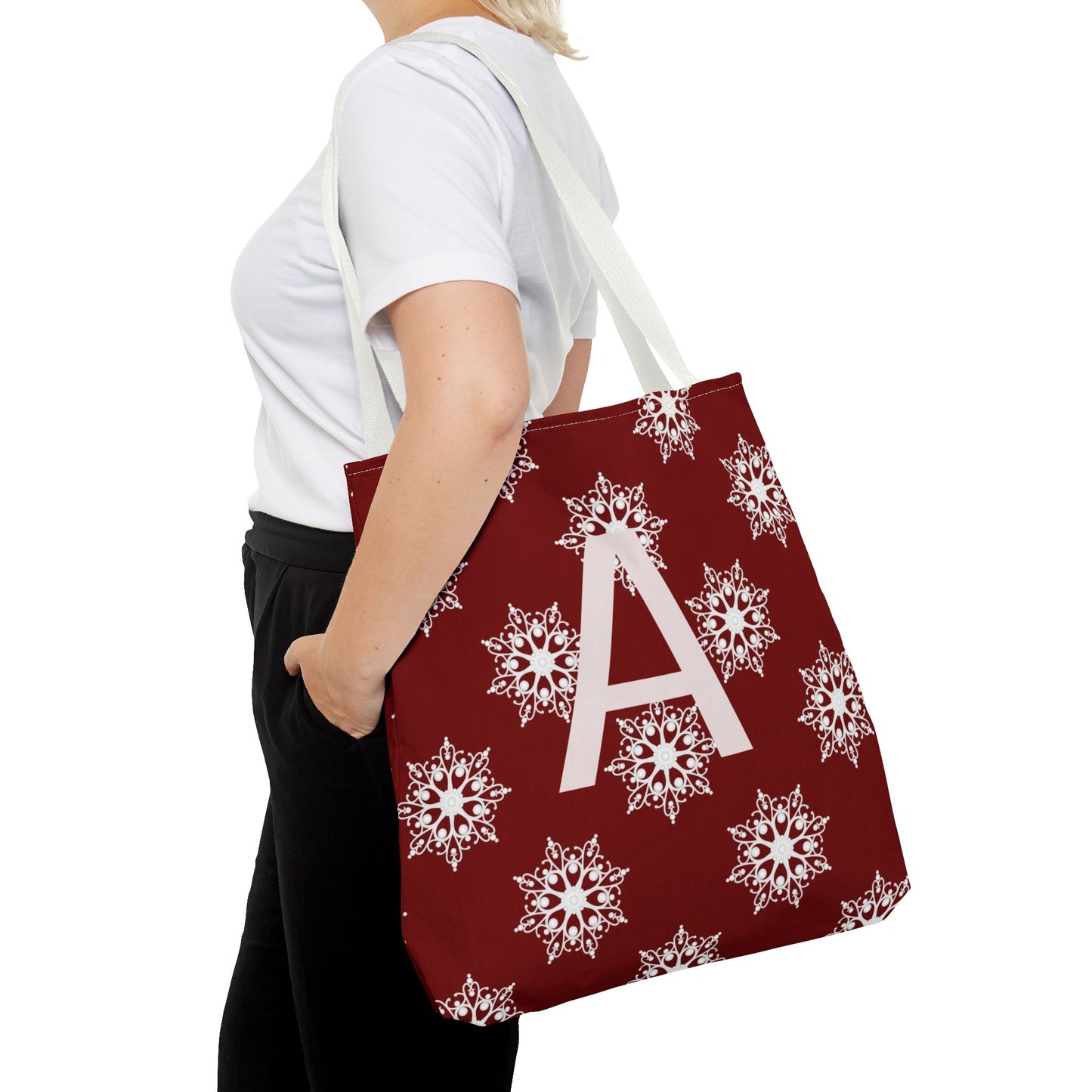 Monogram A Snowflake Tote Bag — Personalized Holiday AOP Tote