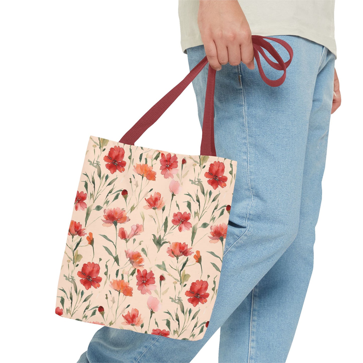 Floral Watercolor Tote Bag — Pink Red Poppy Pattern All-Over Print