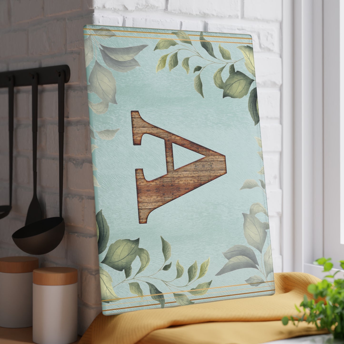 Monogram Glass Cutting Board – Rustic Wood Letter A with Botanical Leaves (Personalized Kitchen Gift)