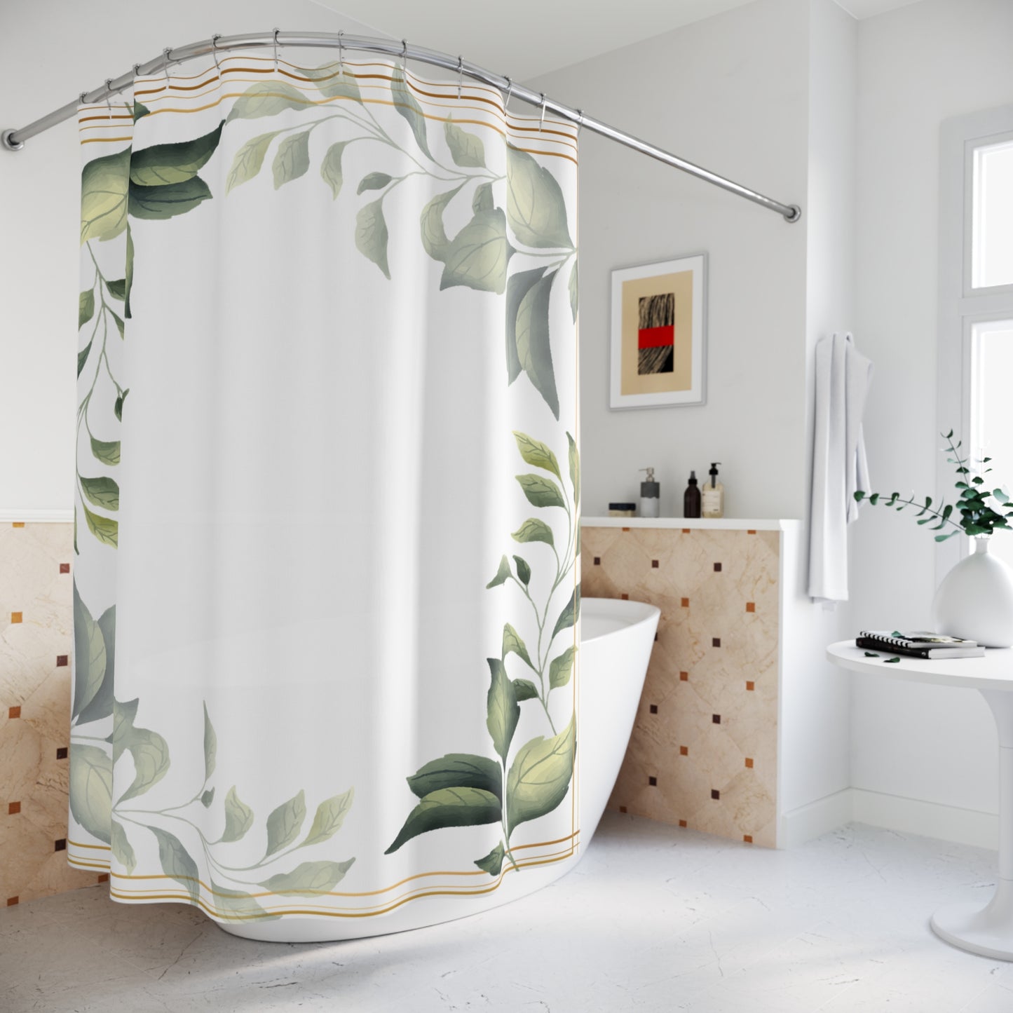 Botanical Leaf Shower Curtain – Green Watercolor Foliage Bathroom Decor