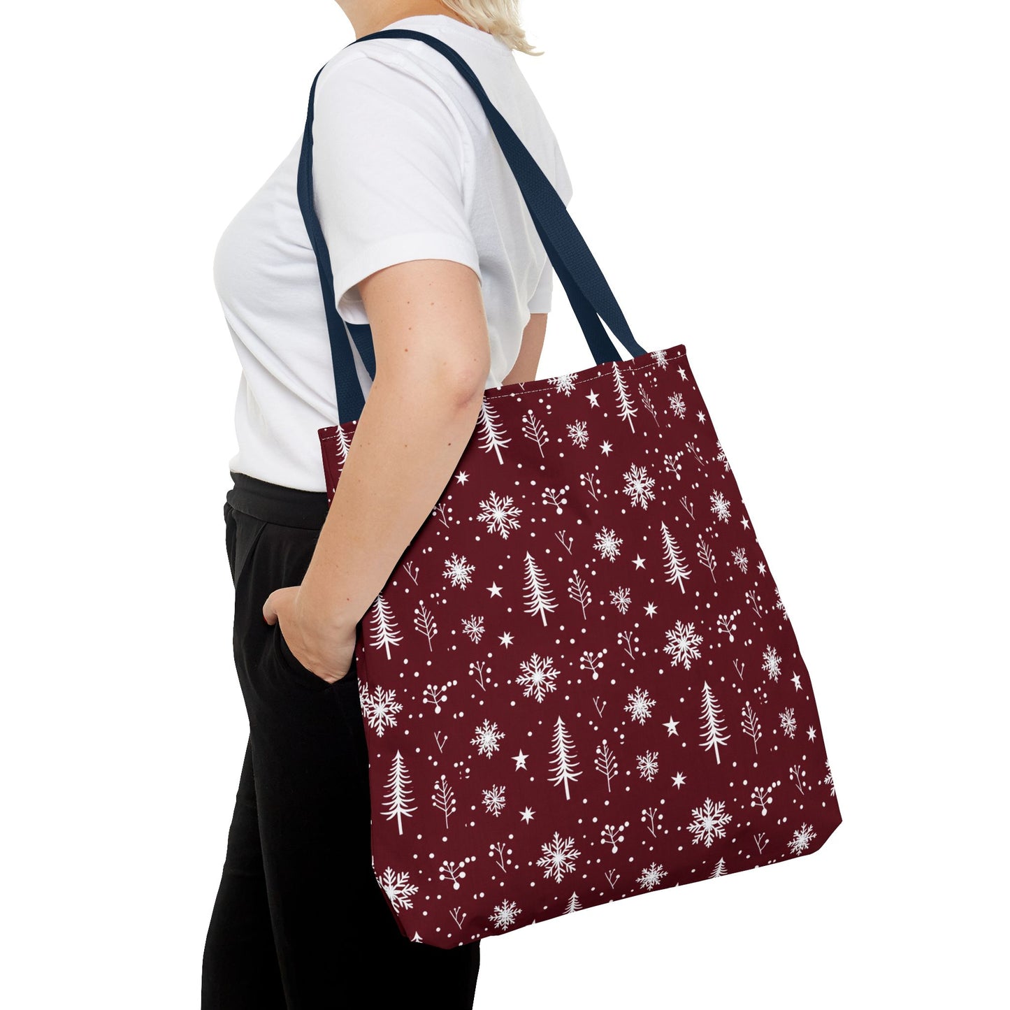 Christmas Snowflake Tote Bag – Burgundy Holiday Patterned Carryall