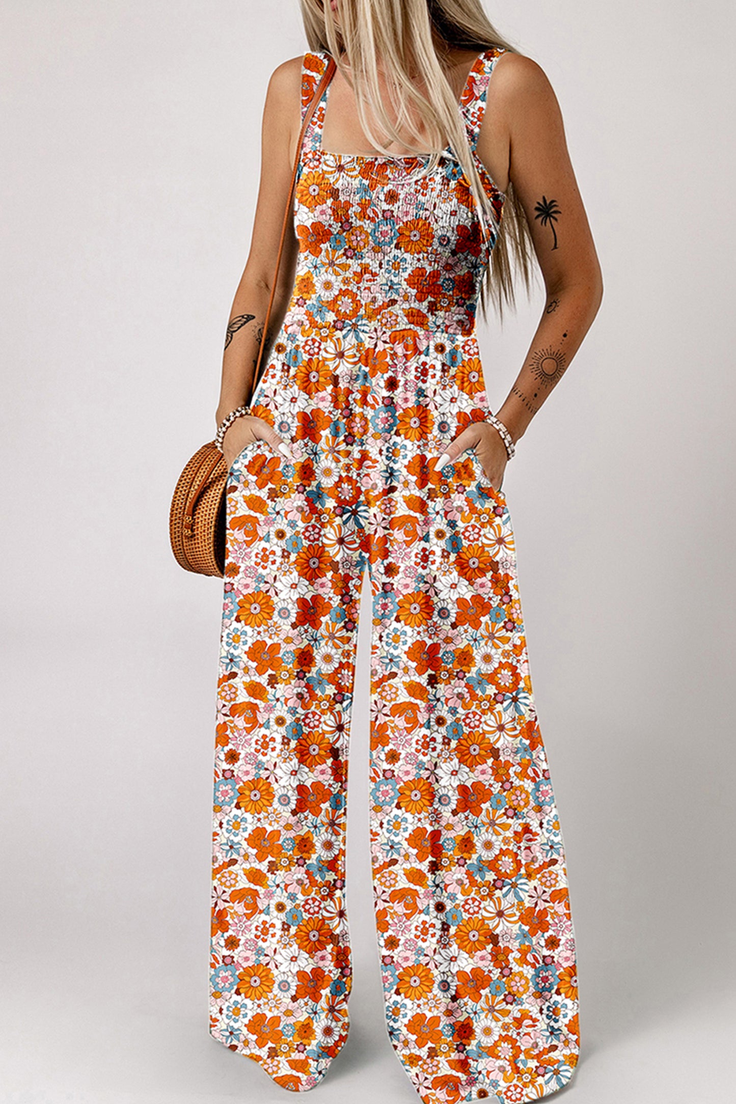 Women's Casual Loose Overalls Jumpsuits Sleeveless Floral Printed Wide Leg Full Length Rompers Pockets 100% Viscose