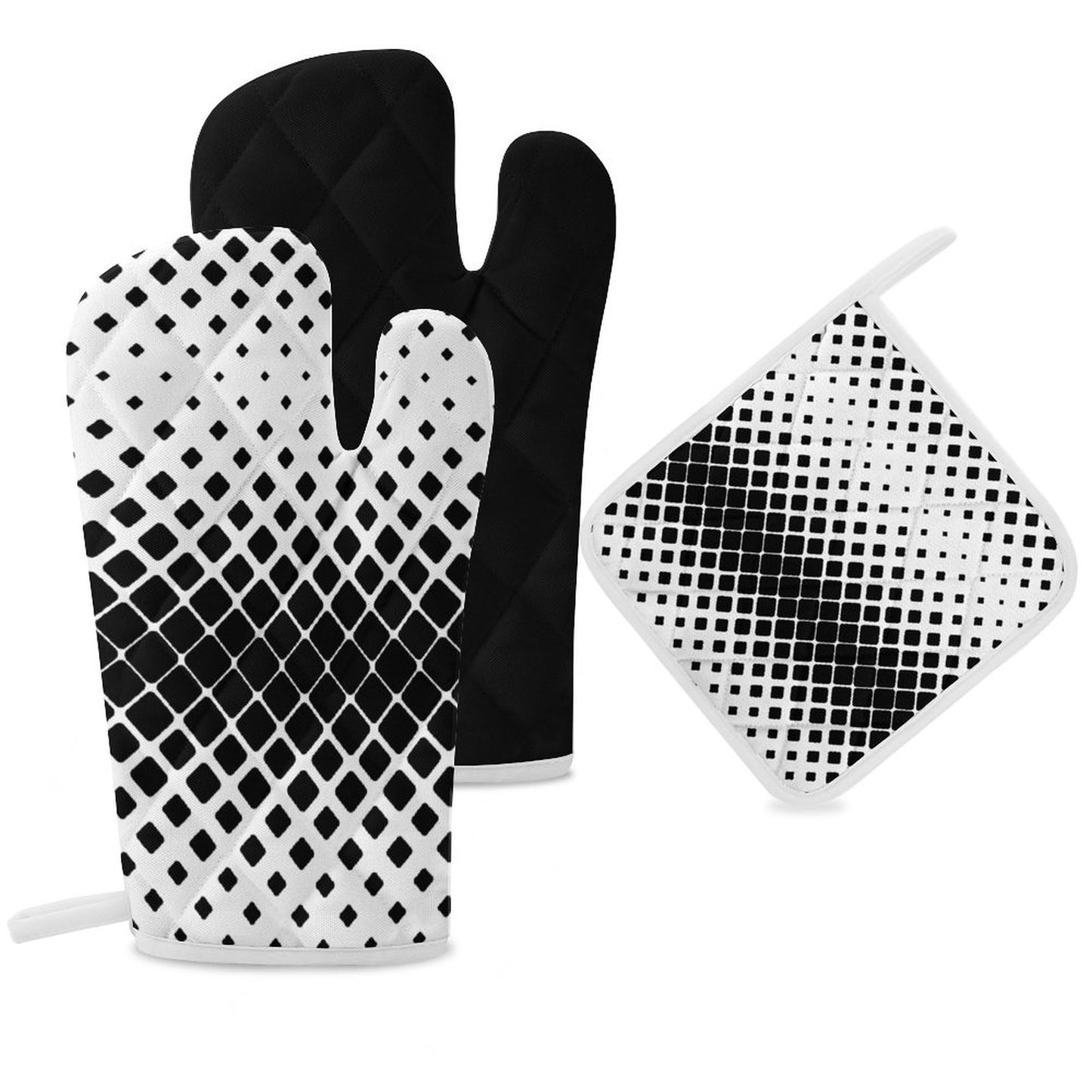 Oven Mitts & Pot Holder Set of 3 Black and White