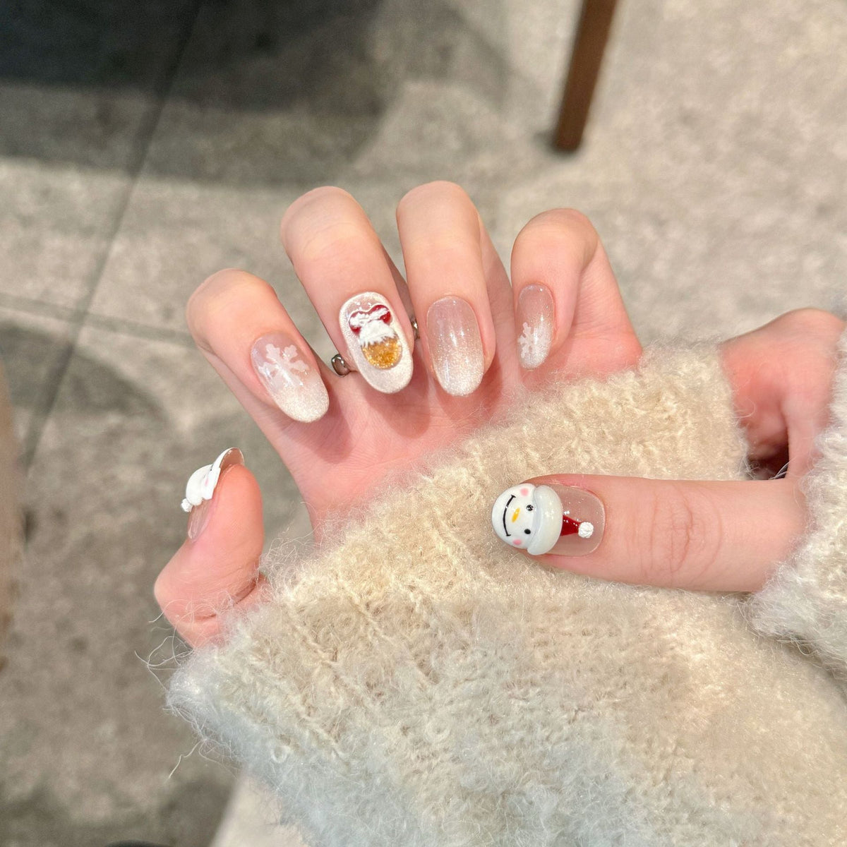 Snowman and Gold Bell Christmas Press‑On Nails – Snowflake Design – Image 2