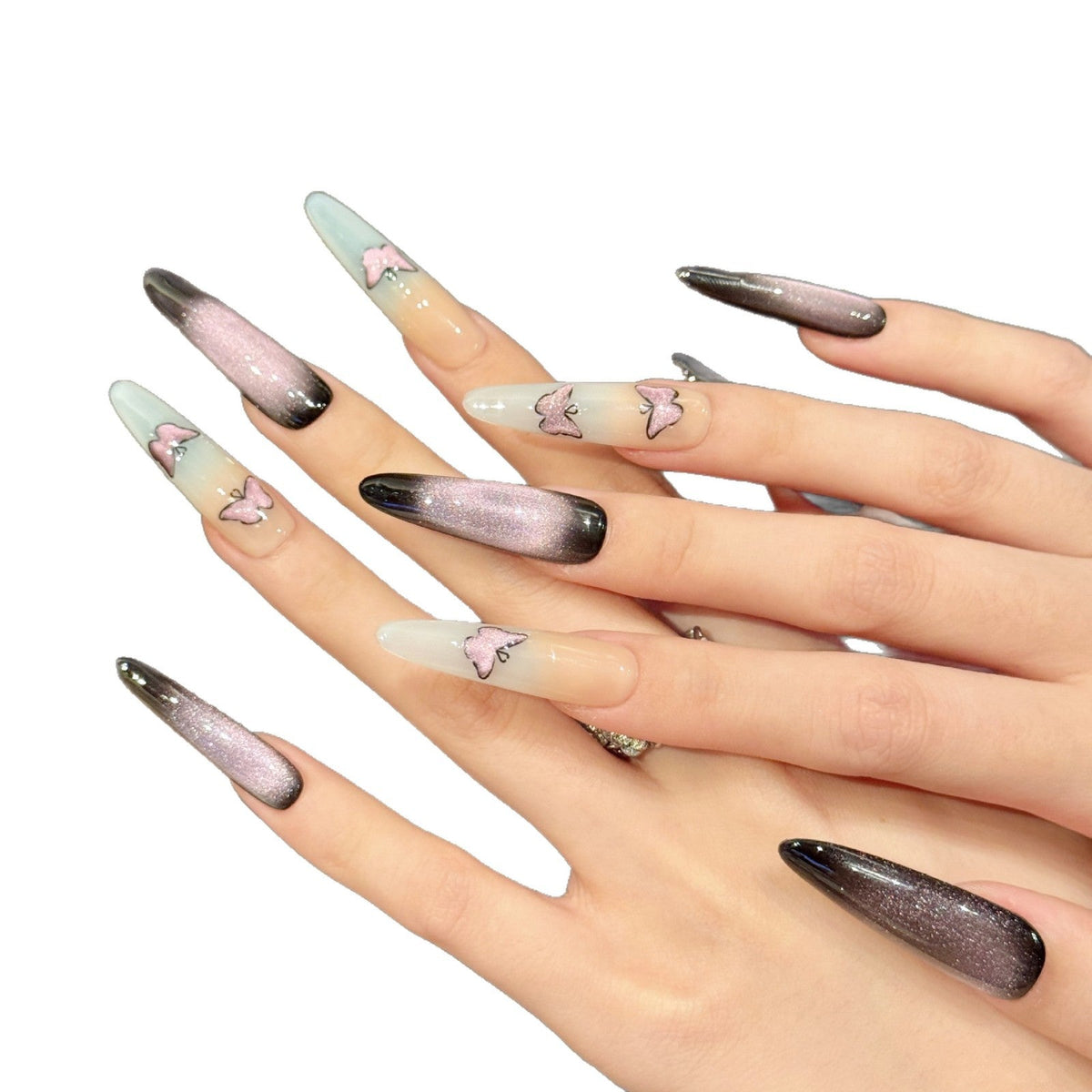 365nails: "Mystic Butterfly" – Hand-Painted Cat Eye & Butterfly Handmade Long Stiletto Nails – Image 4