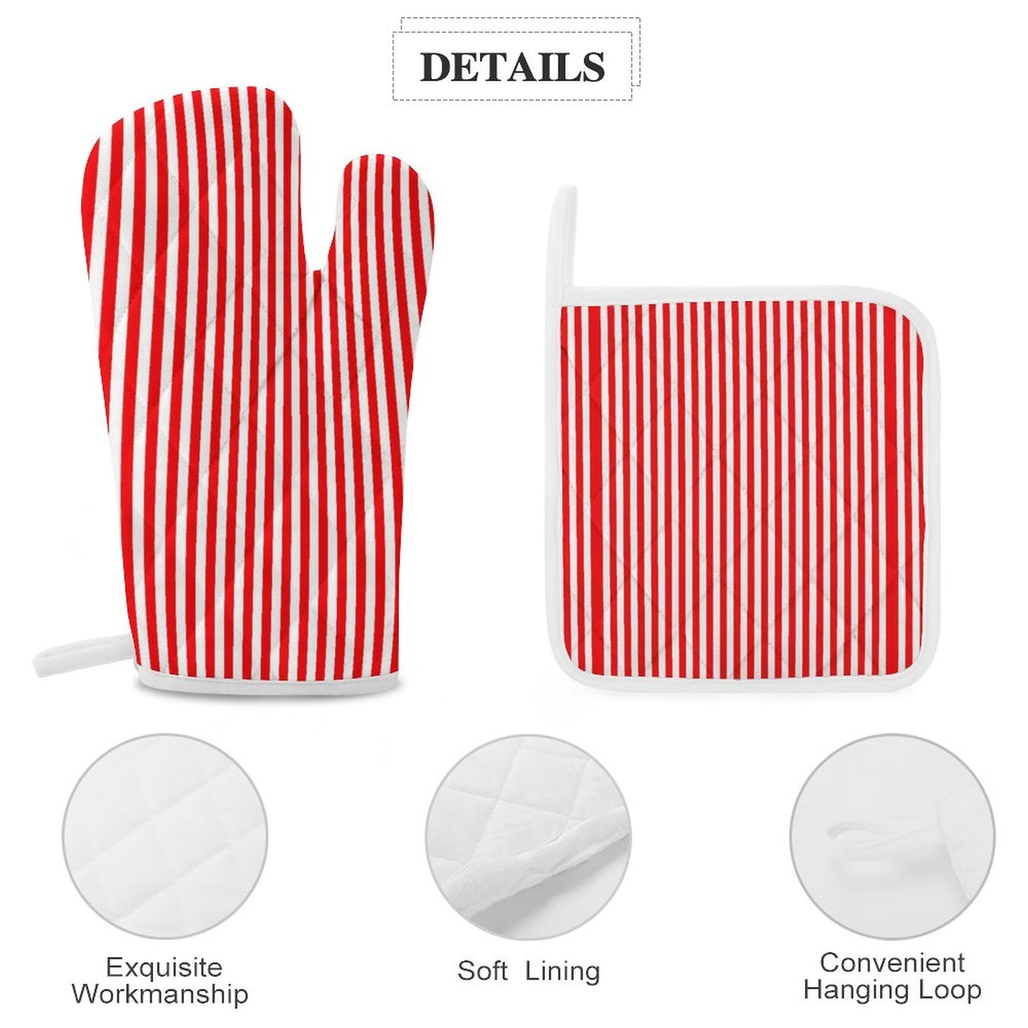 Oven Mitts & Pot Holder Set of 3 Red Stripes