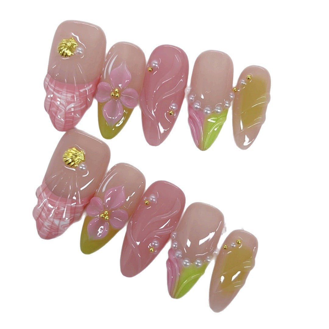 Mermaid Shell Floral: "Pink & Pearl" – Almond Press-On Nails – Image 5