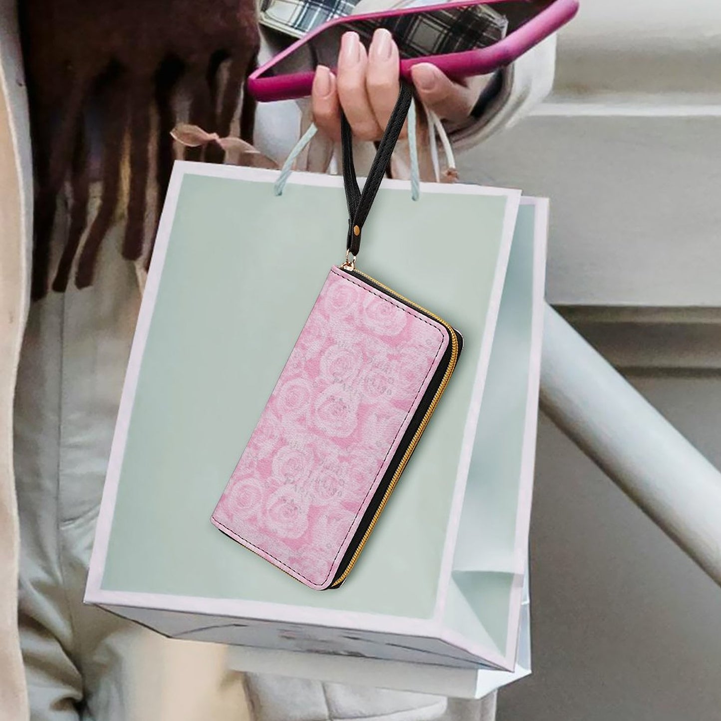 Leather Wallet with Wristlet Strap (2 Pictures on 2 Sides)