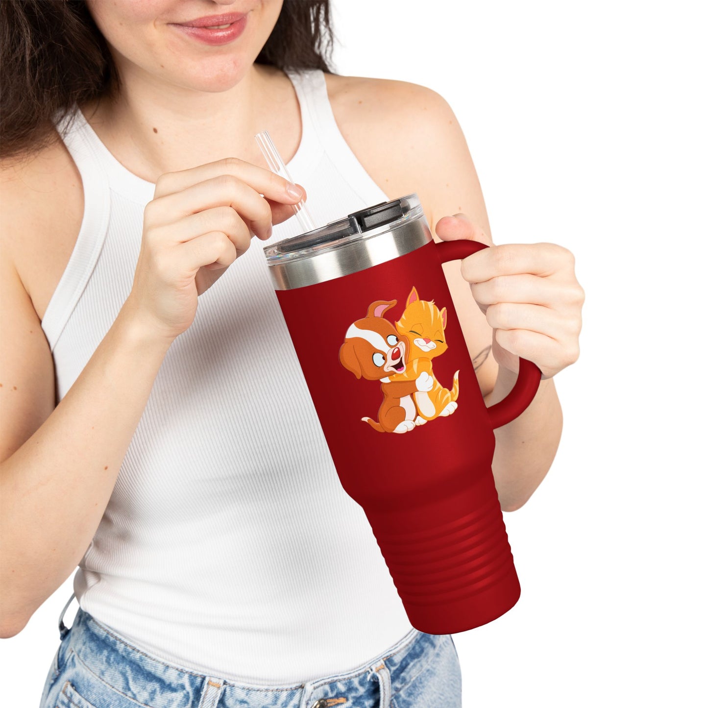 Whimsical Pet Love Insulated Travel Mug, Cute Animal Travel Mug, 40oz Coffee Cup, Dog Cat Drinkware, Funny Gift for Pet Lovers