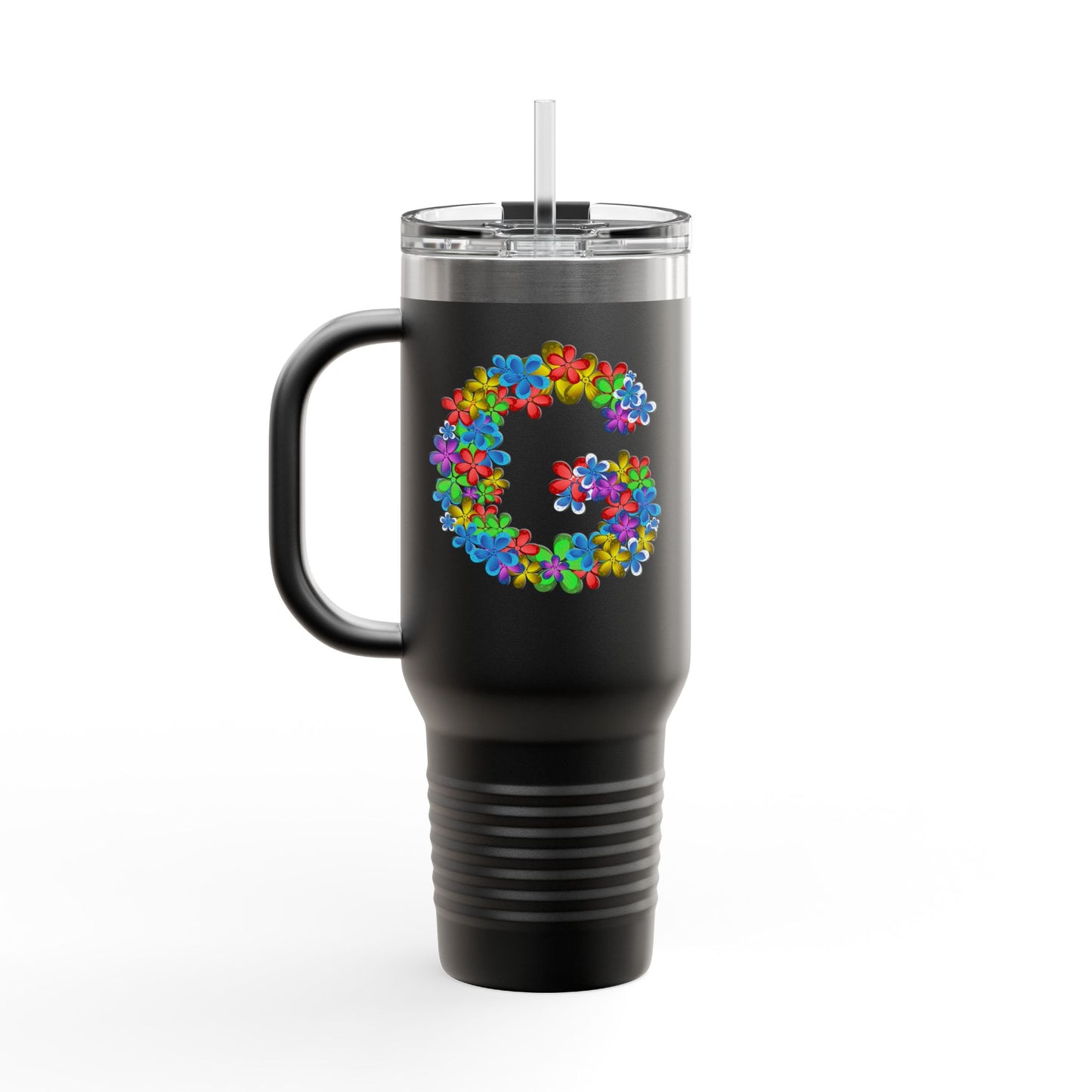 Vibrant Floral Insulated Travel Mug, Perfect for On-the-Go- Letter G