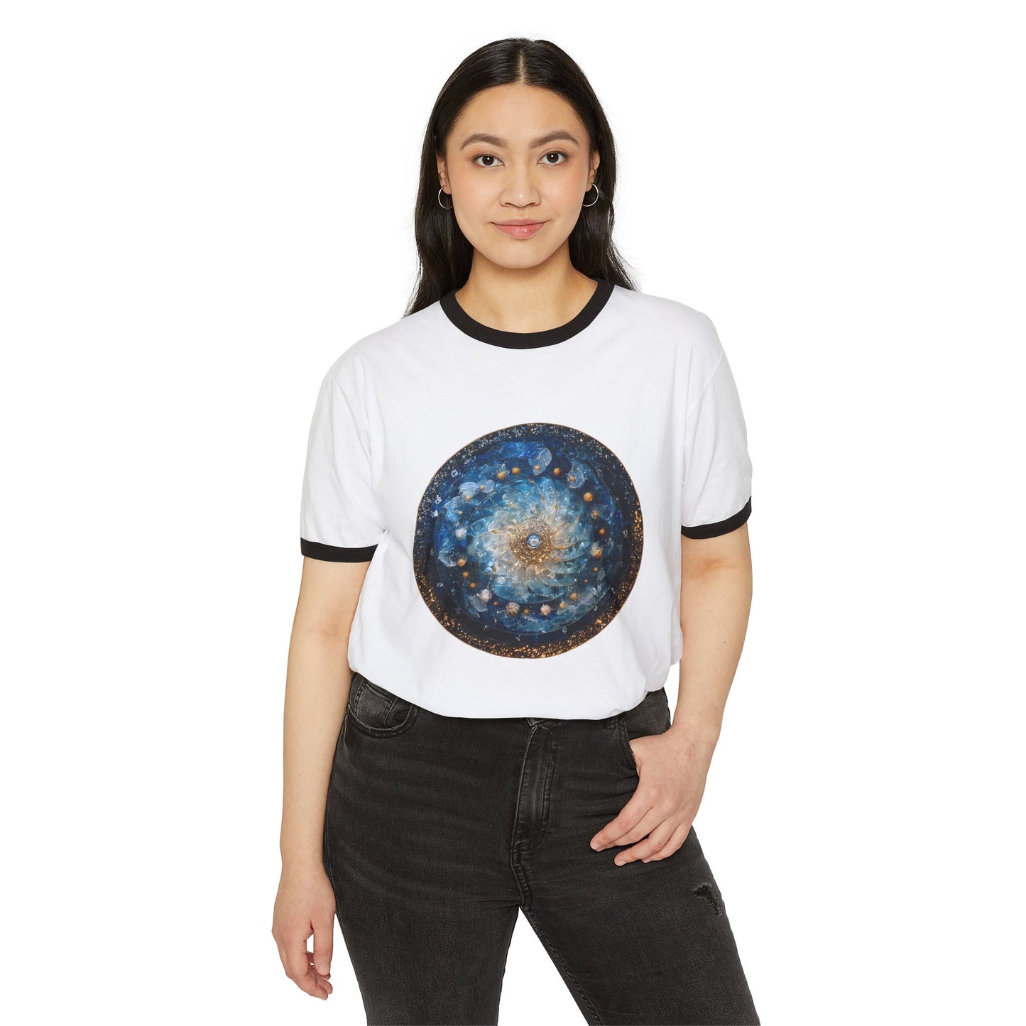 Celestial Mandala Ringer T‑Shirt — Blue Galaxy Circle Art
