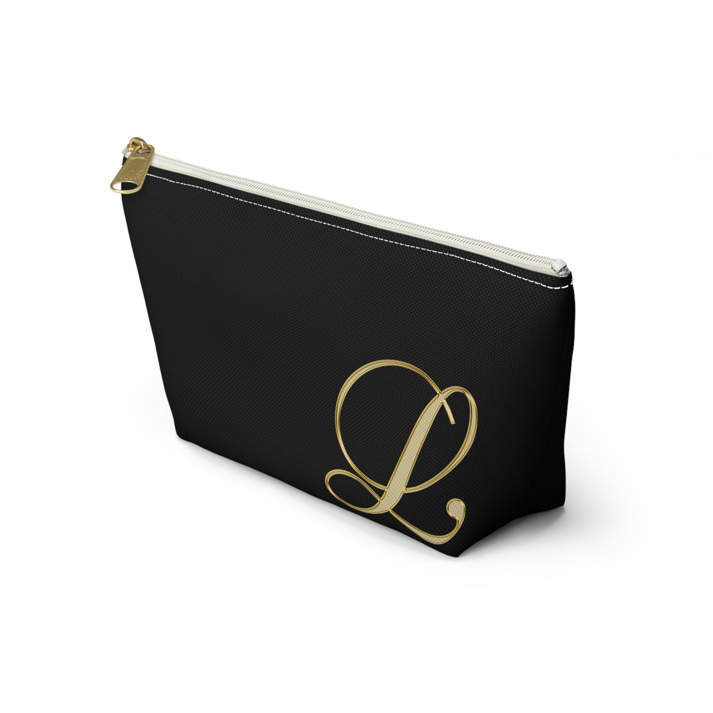Monogram L Accessory Pouch — Black & Gold T‑Bottom Makeup Bag
