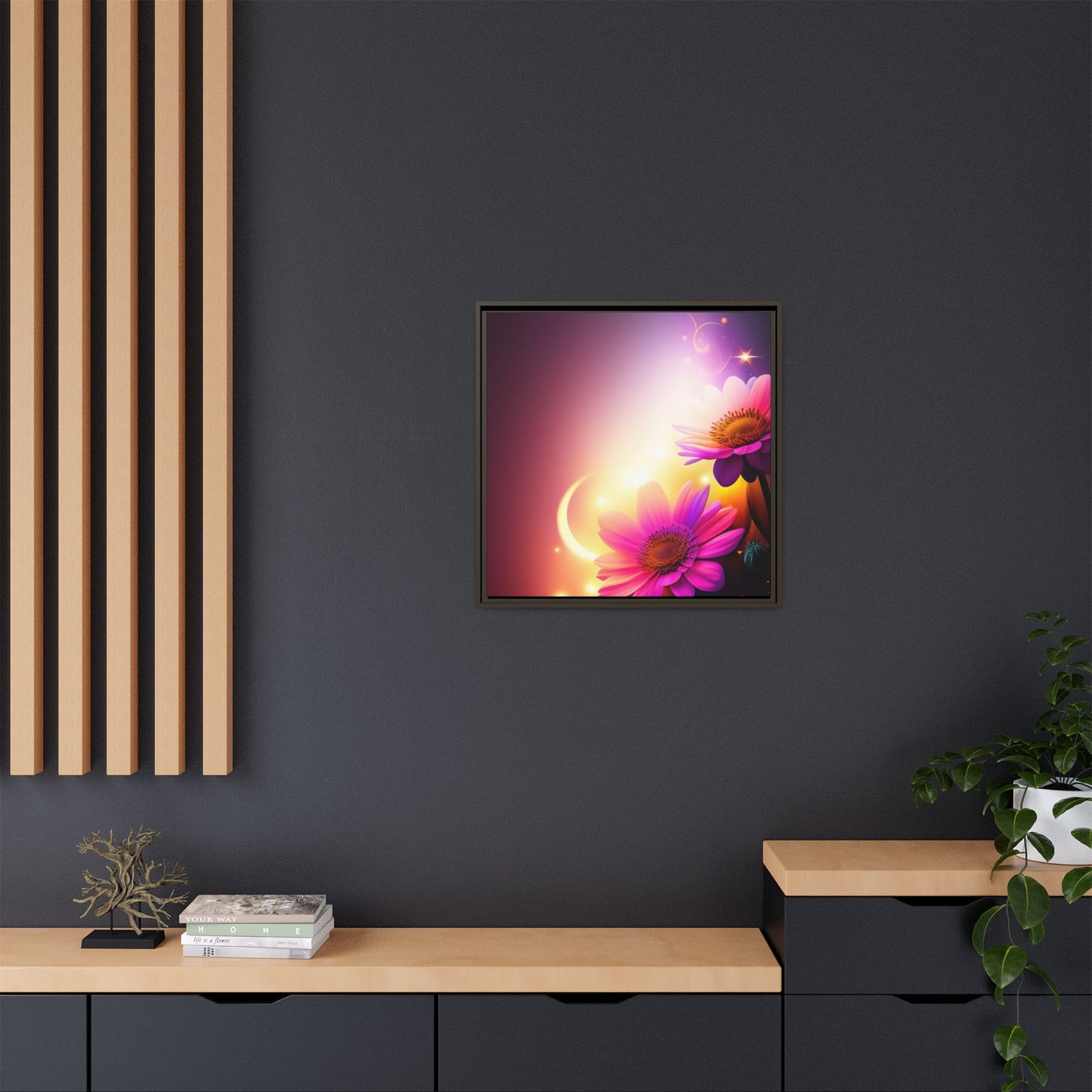 Framed Floral Canvas Art — Pink Daisies Sunset Wall Print
