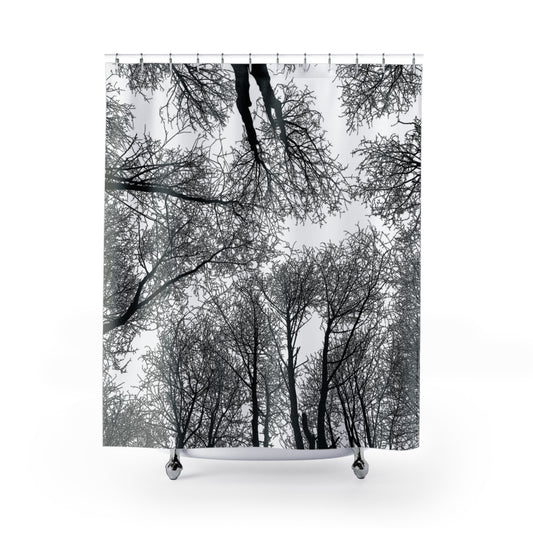 Monochrome Bare Trees Shower Curtain — Black & White Forest Canopy Bathroom Decor
