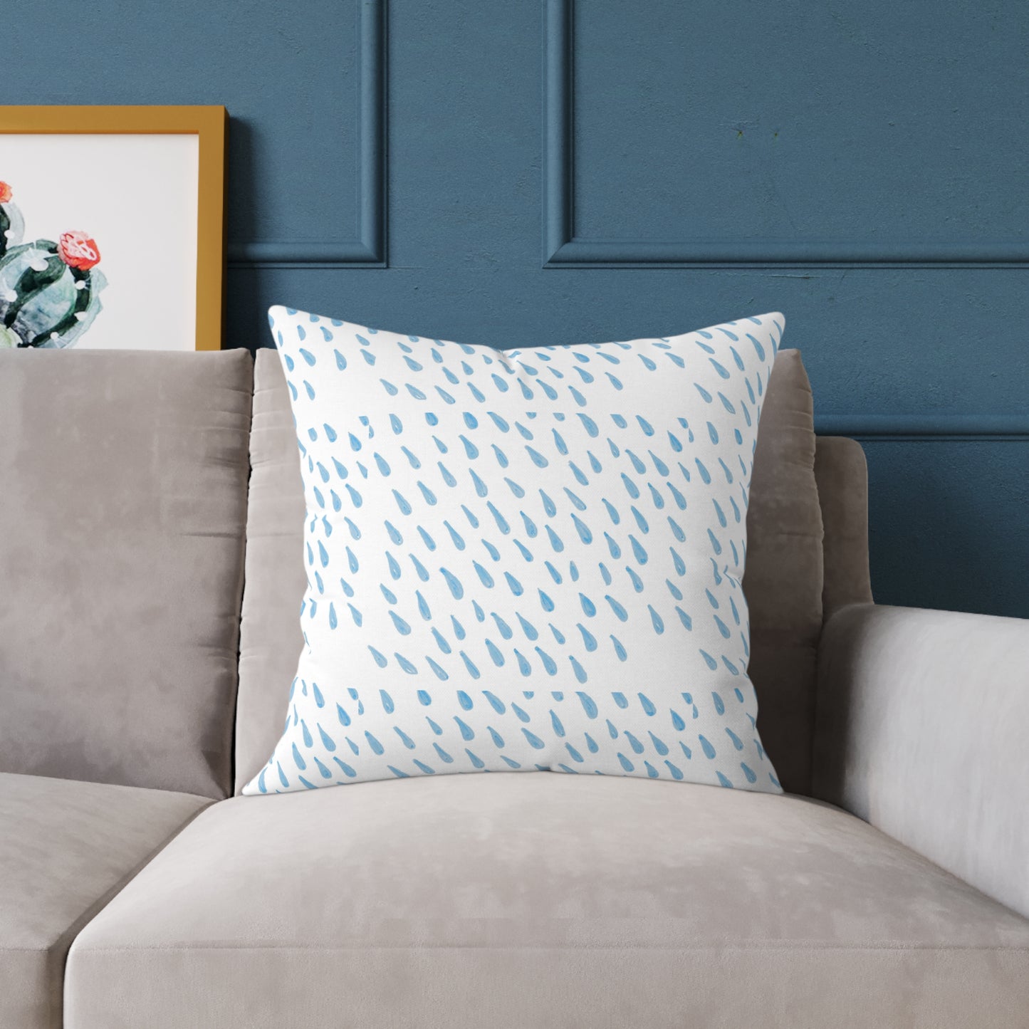 Blue Raindrop Pattern Square Pillow — Minimal Coastal Decorative Throw Pillow