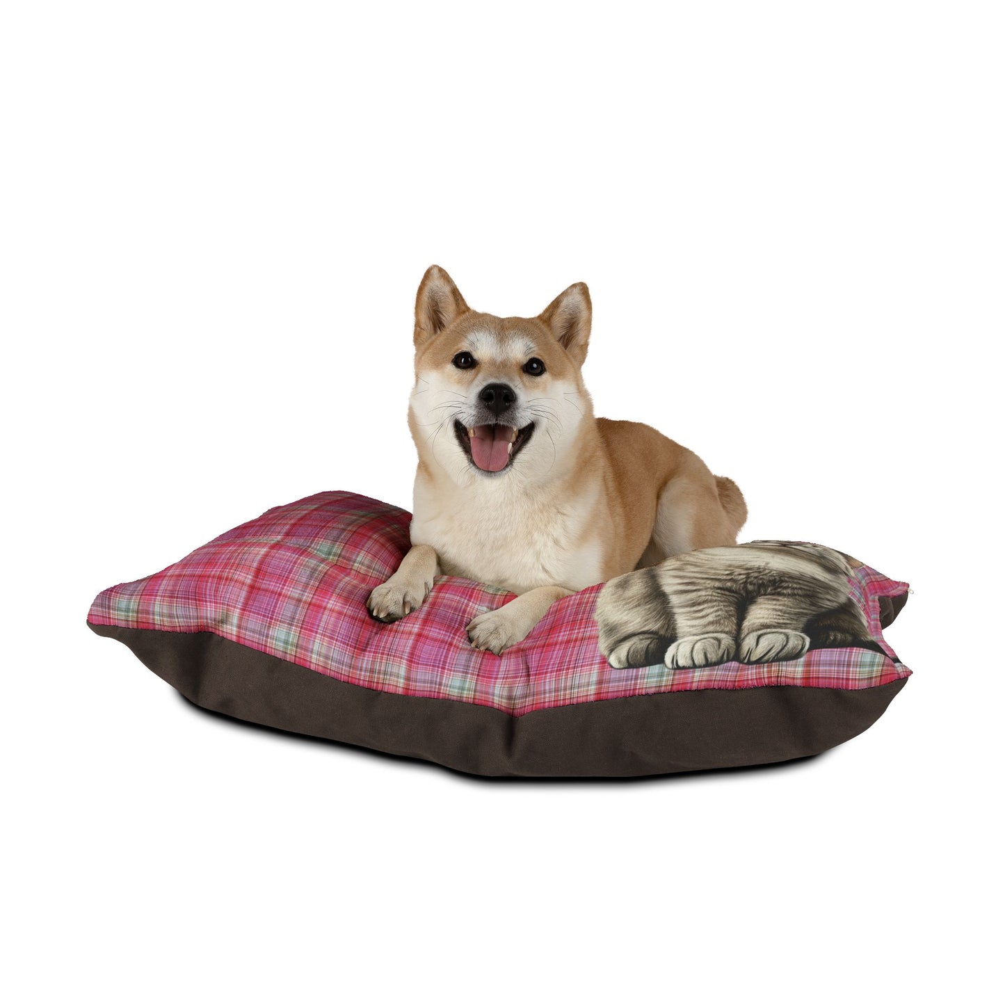 Smiling Gray Cat Plaid Pet Bed — Cozy Pink Cat Bed for Cats & Kittens