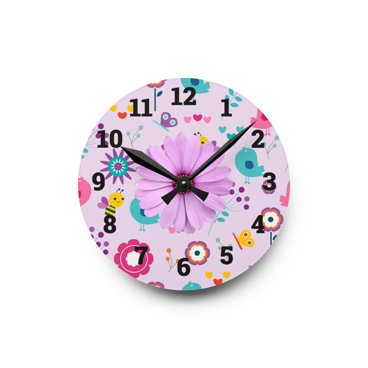 Whimsical Floral Acrylic Wall Clock, Cute Decor, Spring Vibes, Home Office Gift