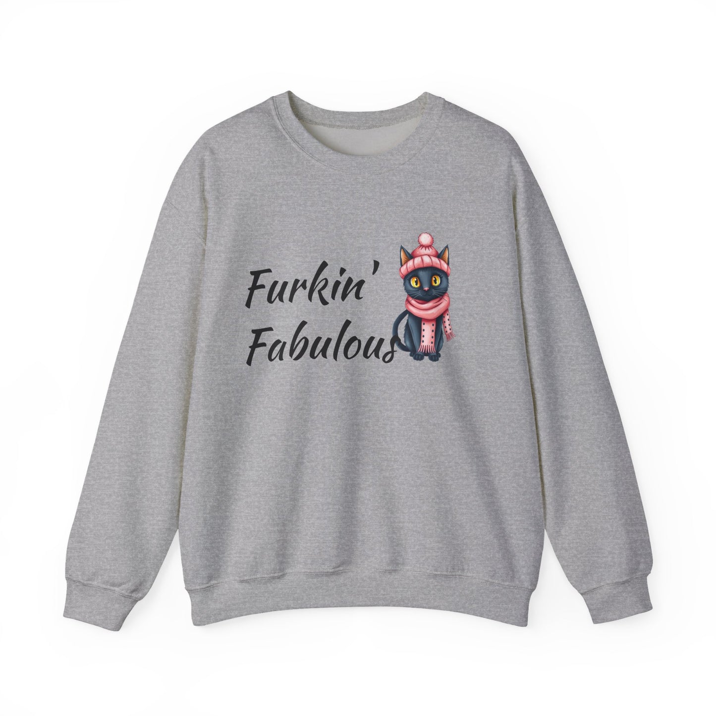 Crewneck Sweatshirt — "Furkin' Fabulous" Cute Black Cat in Pink Hat & Scarf