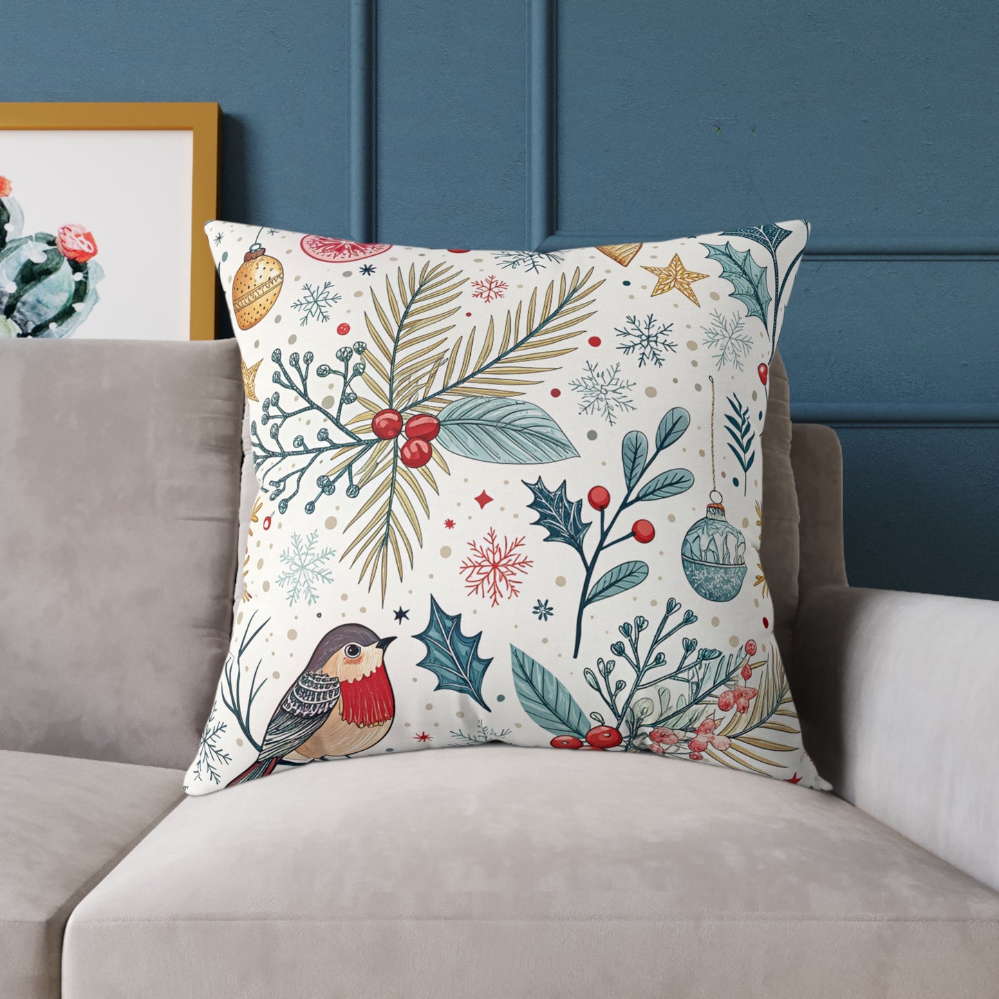 Festive Robin Holiday Pillow — Christmas Botanical Decorative Throw Pillow
