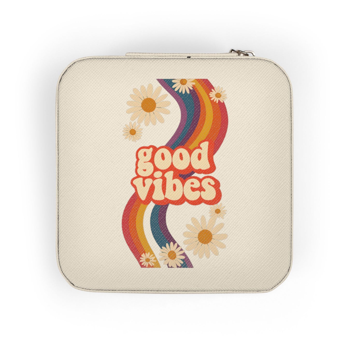 Good Vibes Jewelry Travel Case — Compact Retro Rainbow Daisy Jewelry Organizer
