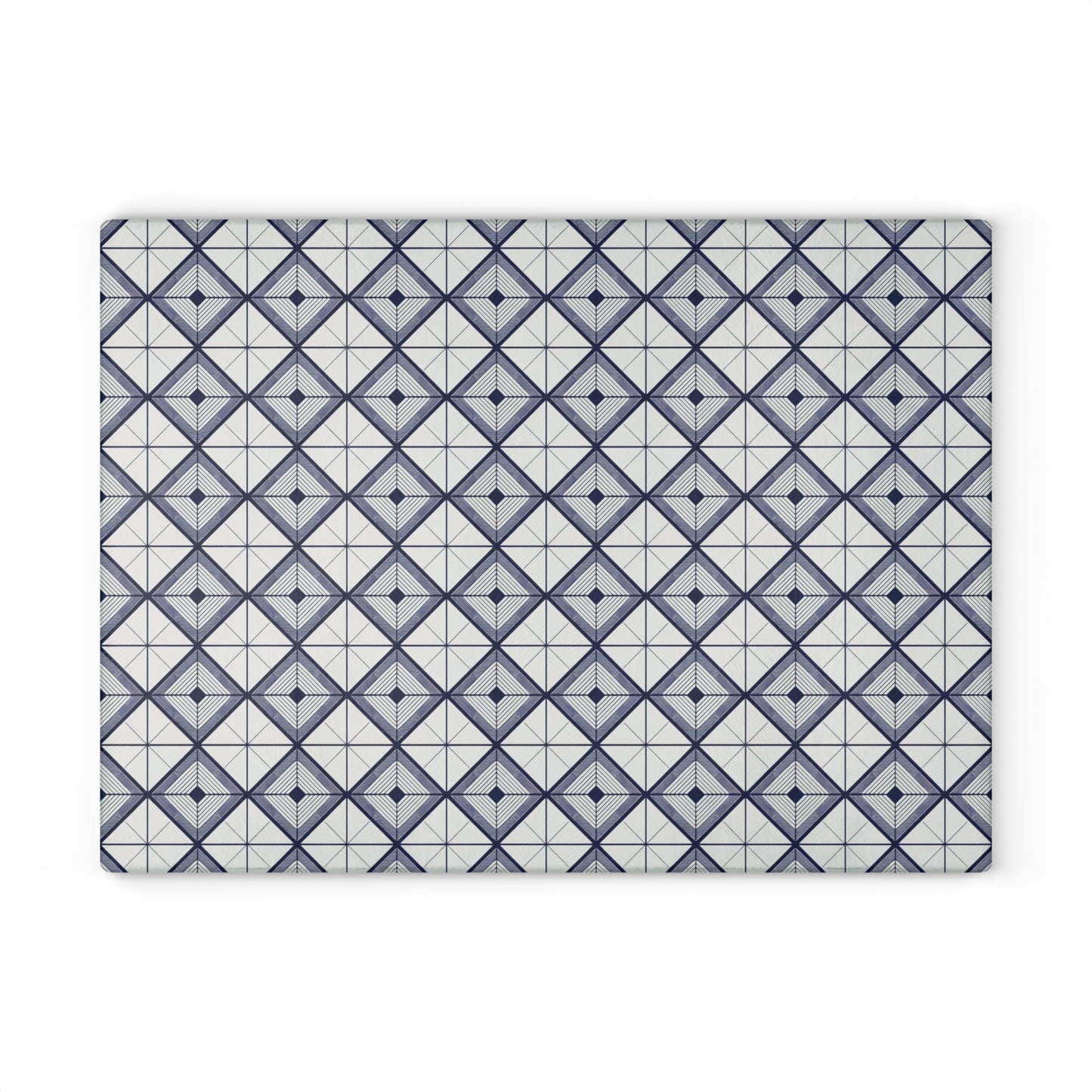 Geometric Slate Glass Cutting Board — Navy Diamond Tile Pattern