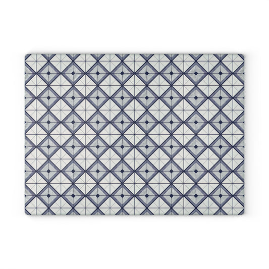 Geometric Slate Glass Cutting Board — Navy Diamond Tile Pattern