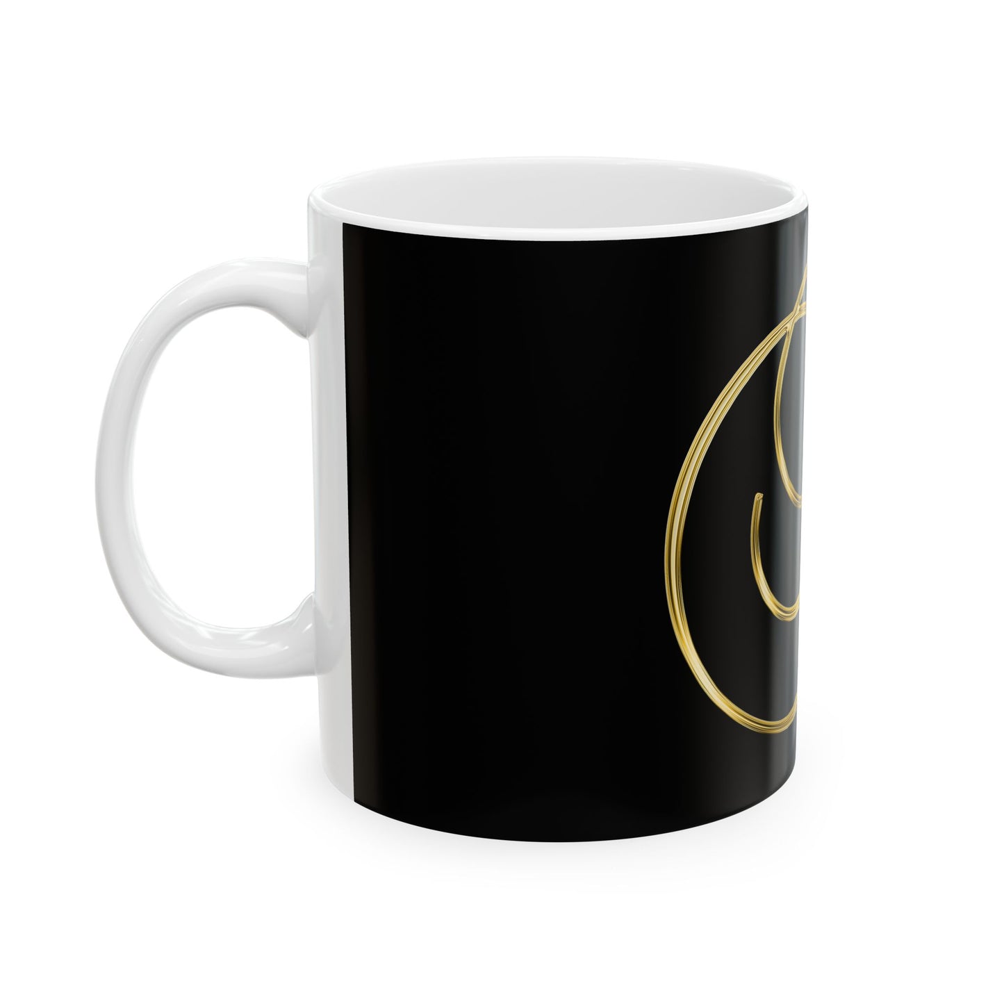 Gold Script Letter "R" Black Ceramic Mug — Elegant Monogram Coffee Cup (11oz & 15oz)