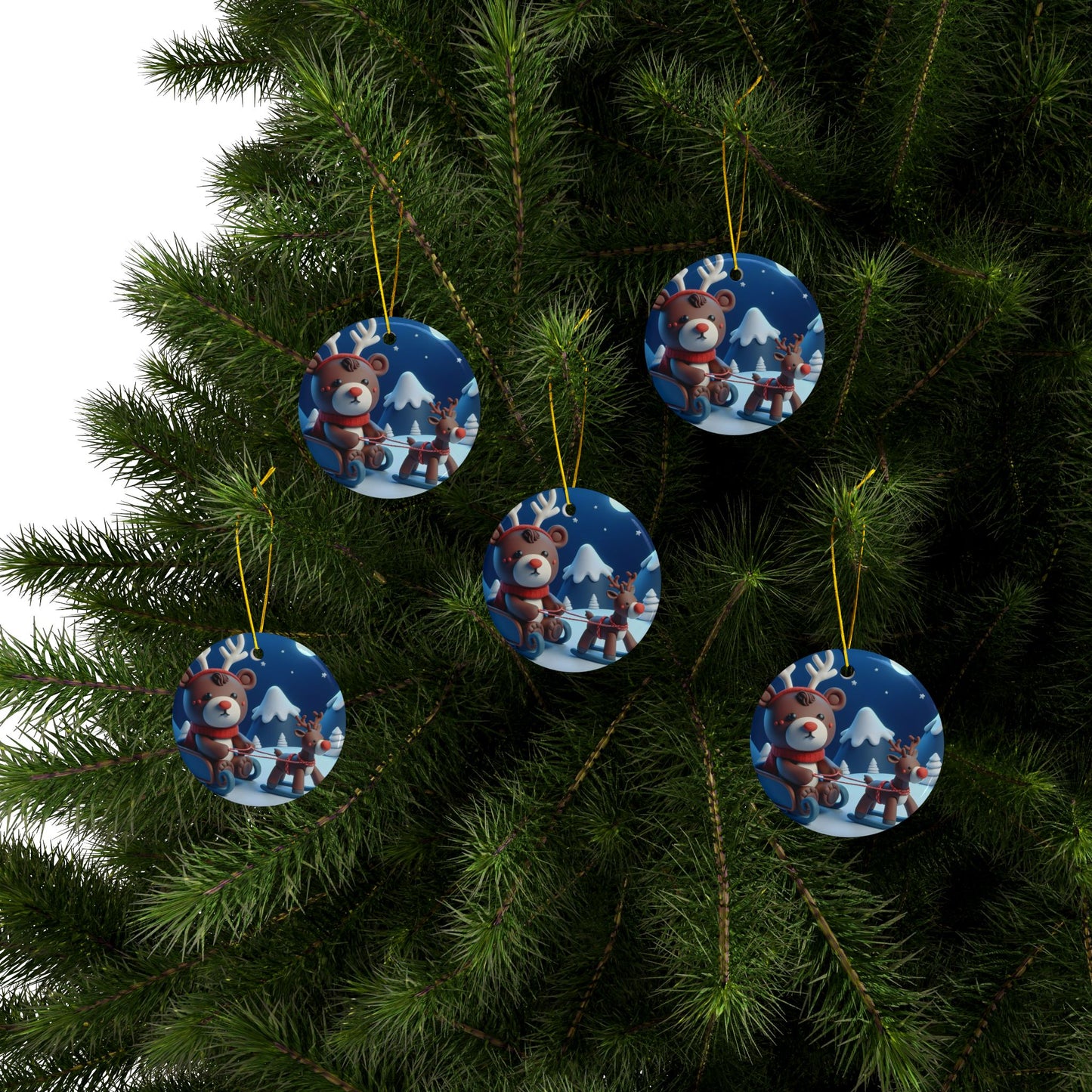 Festive Ceramic Ornaments, Holiday Decor, Christmas Gifts, 2-Sided Print, Cute Bear & Reindeer Design, Tree Decorations, Winter Wonderland