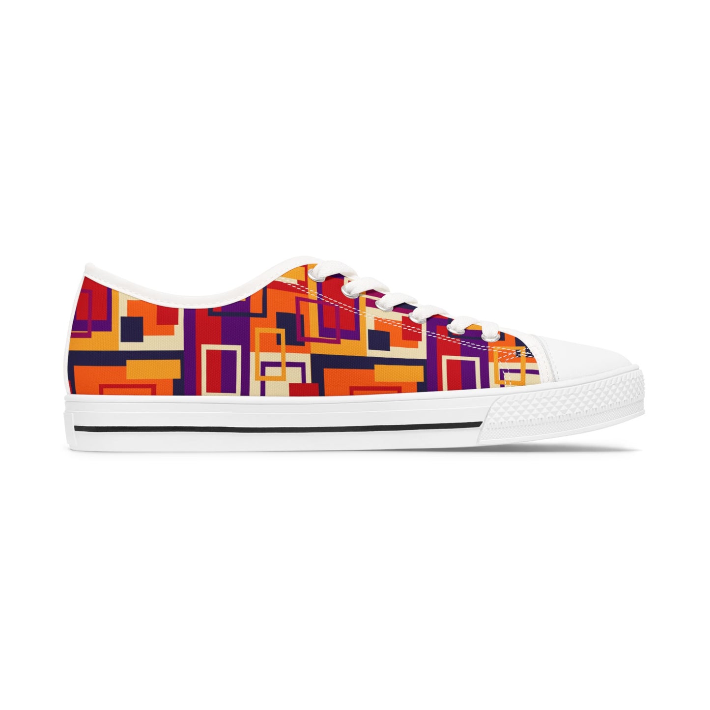 Retro Geometric Women's Low Top Sneakers — Bold Orange & Purple Patchwork Canvas