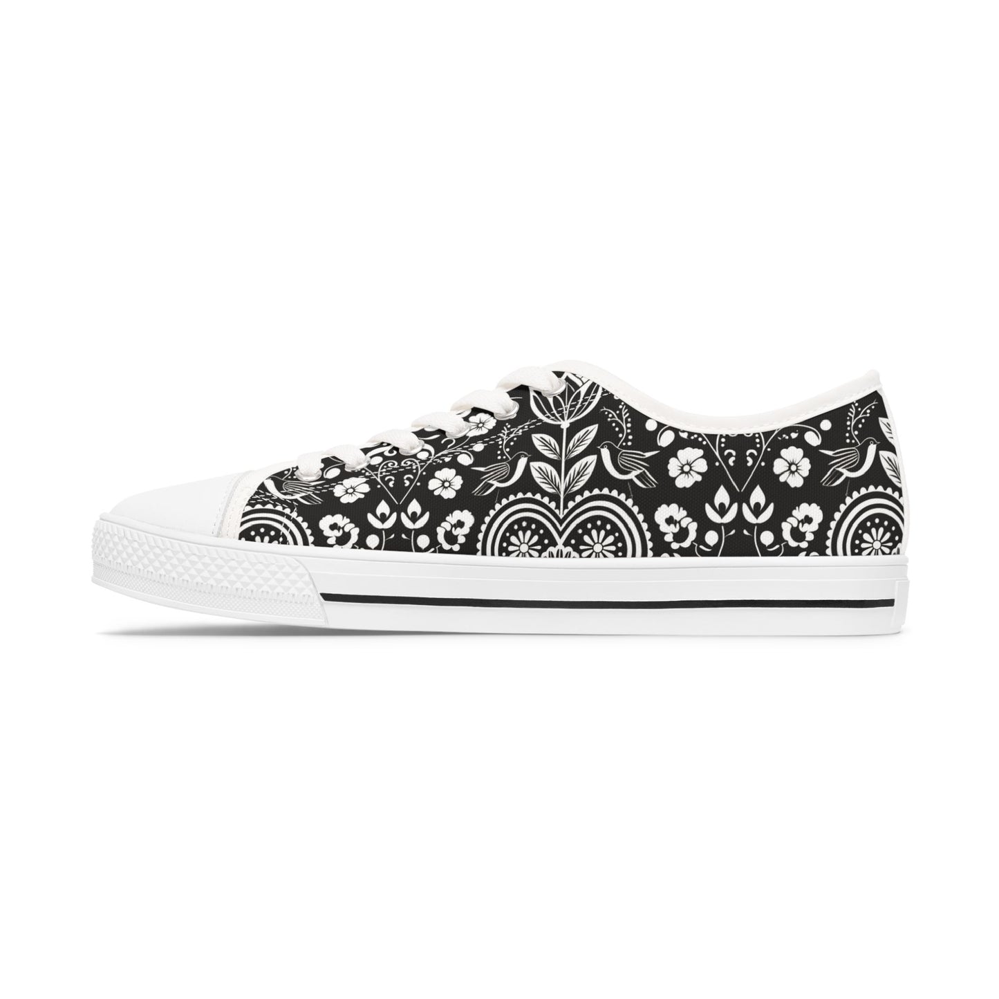 Low Top Sneakers — Black White Paisley Floral Pattern