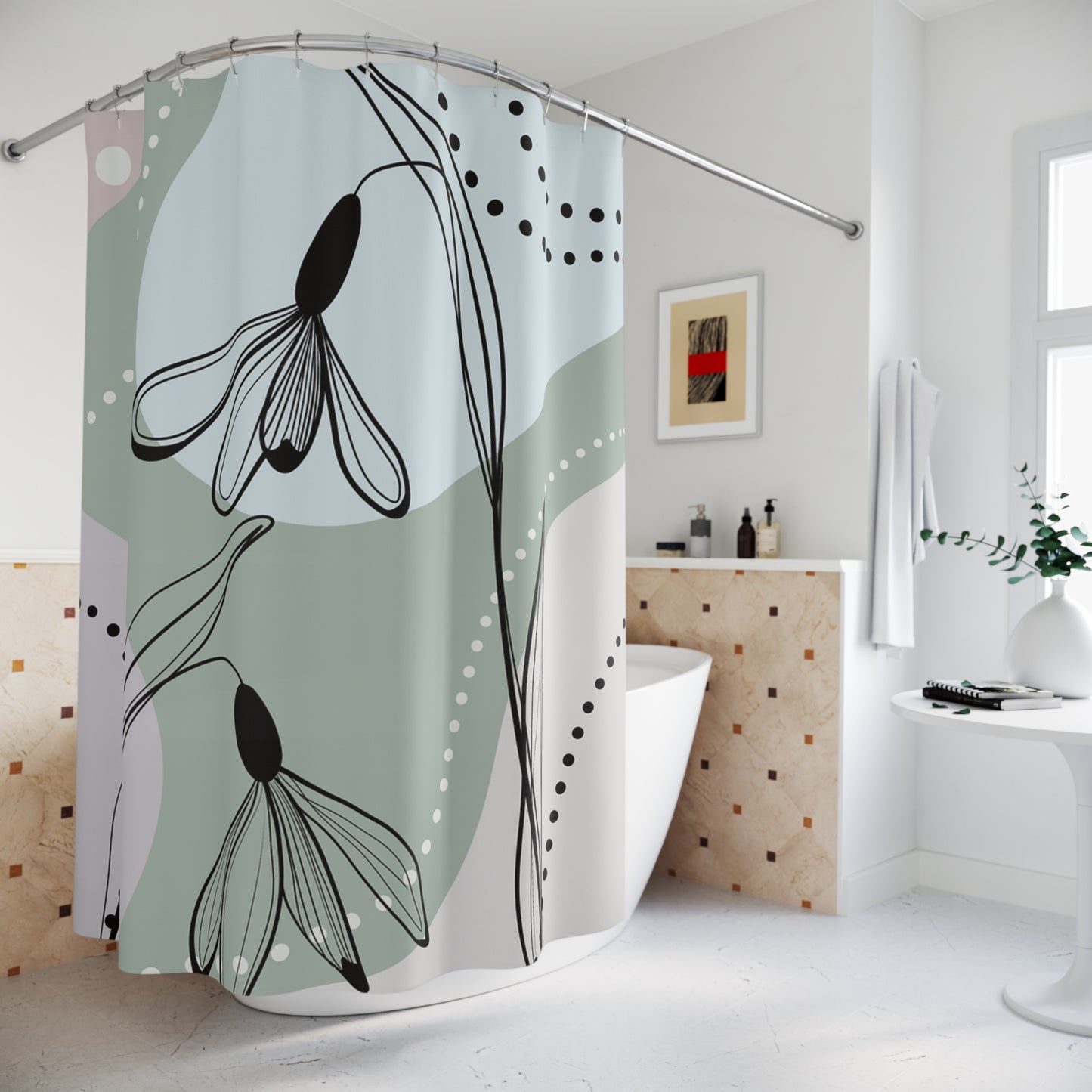 Bohemian Floral Shower Curtain, Modern Bathroom Decor, Home Spa Accessory, Elegant Gift for Housewarming, Floral Design