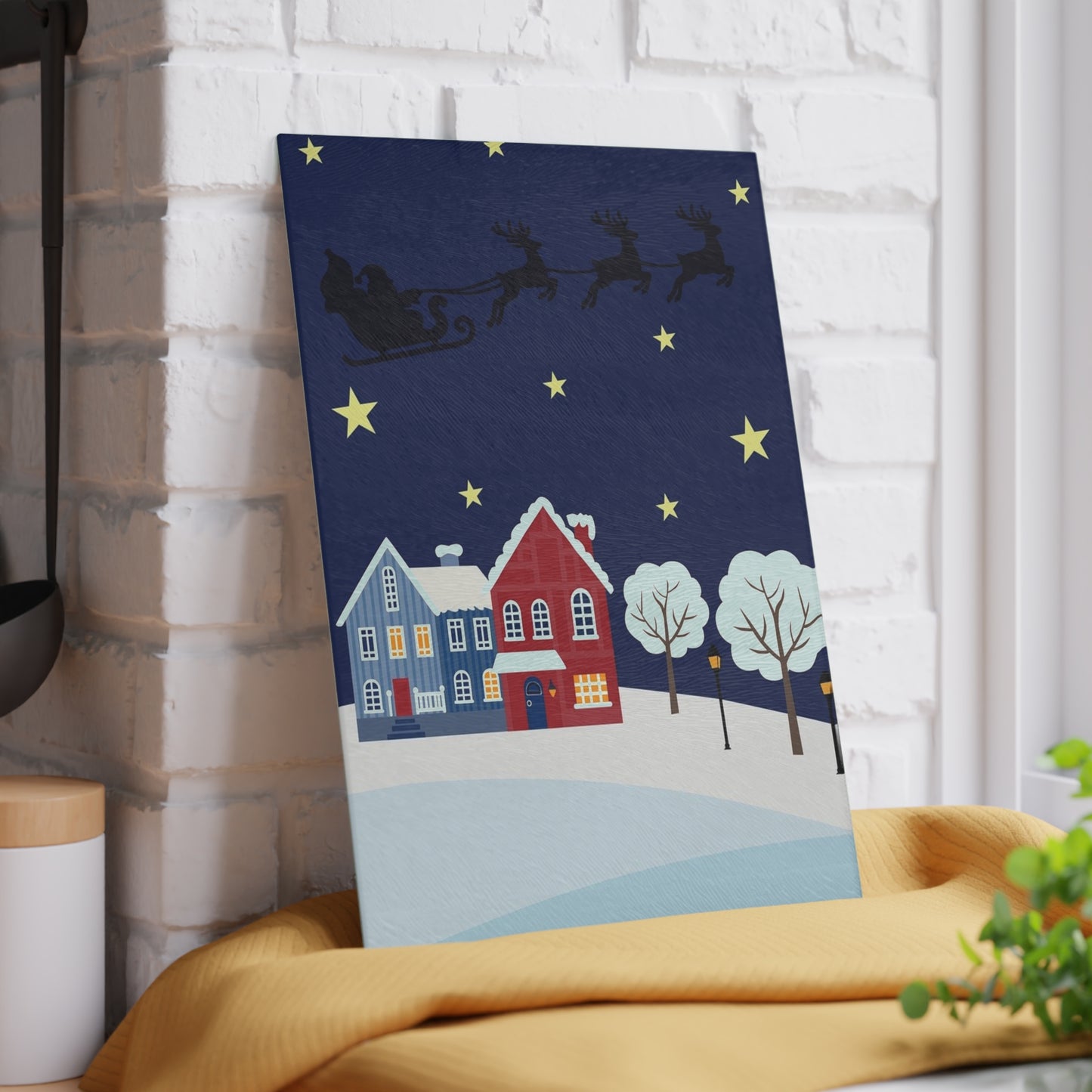 Santa Sleigh over Snowy Village Glass Cutting Board Christmas Kitchen Decor