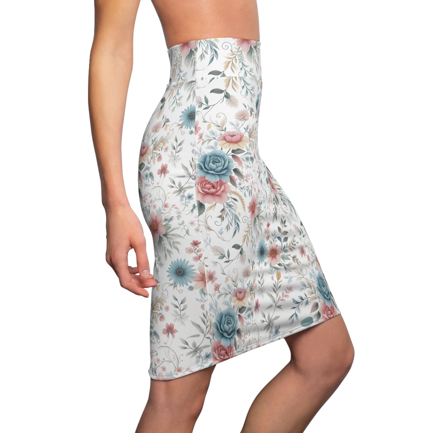 Floral Vintage Pencil Skirt — Pastel Rose & Blue Garden Print