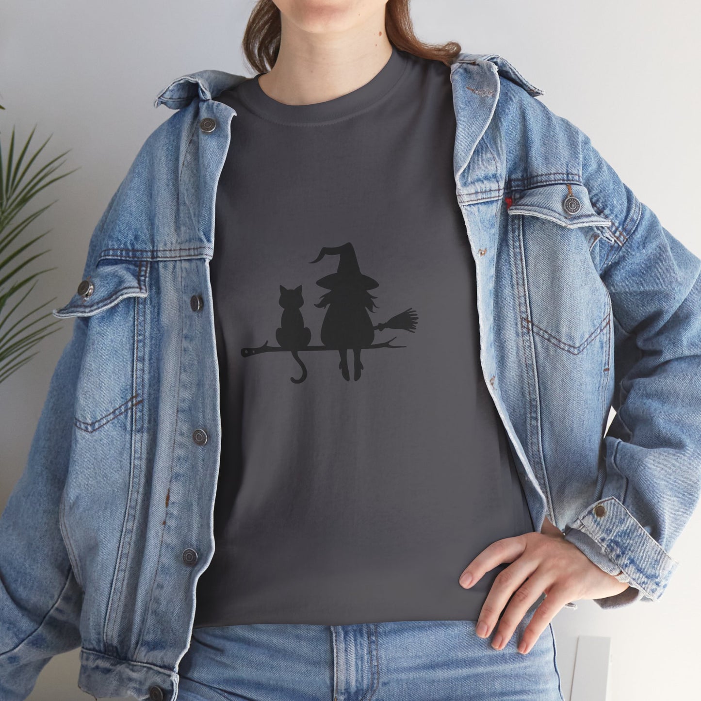 Witch and Cat Tee | Spooky Unisex Shirt for Halloween | Cute Witchwear for Cat Lovers | Fall Wardrobe Essential | Gift for Magical Friends