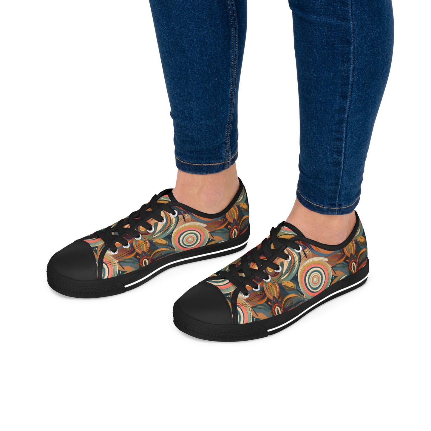 Low Top Sneakers — Retro Boho Circular Pattern Canvas Shoes