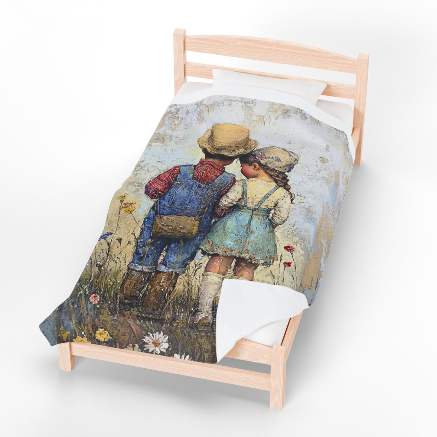 Vintage Children Standing Together Velveteen Plush Blanket — Rustic Nursery Throw