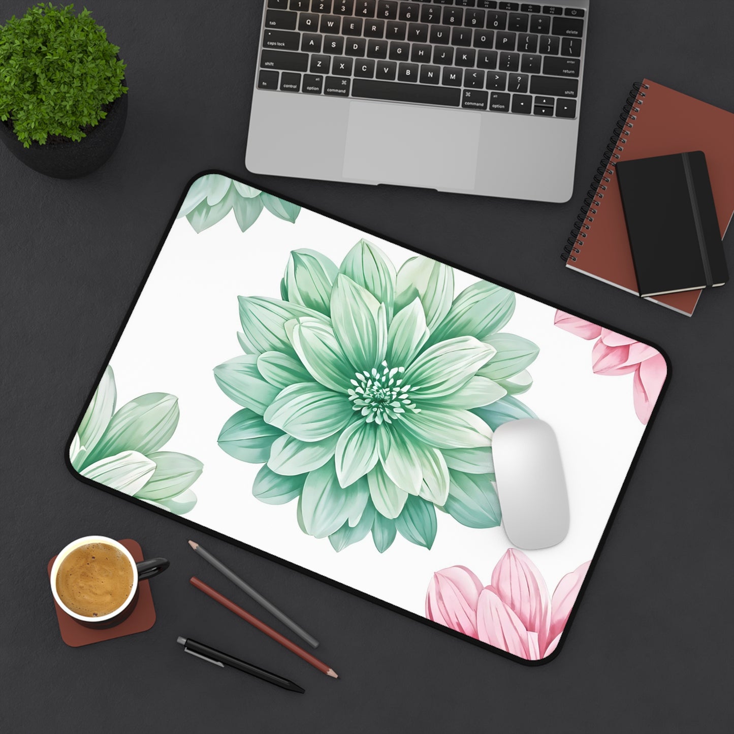 Floral Succulent Desk Mat — Green & Pink Botanical Mouse Pad