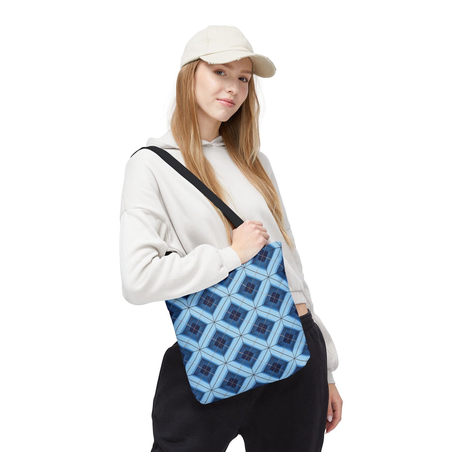 Blue Geometric Tote Bag — Repeating Diamond Pattern AOP