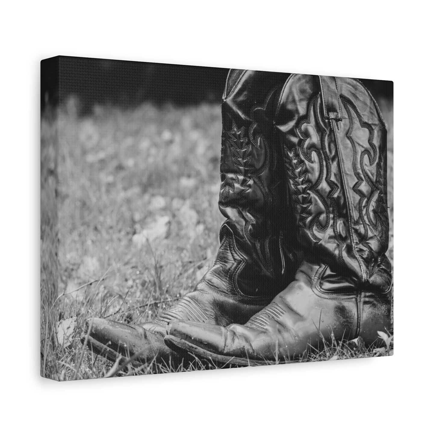 Western Cowboy Boots Matte Canvas Wall Art – Black & White Rustic Country Decor